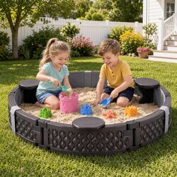 Durable Round Kids Sandpit with Cover and Seats 121cm