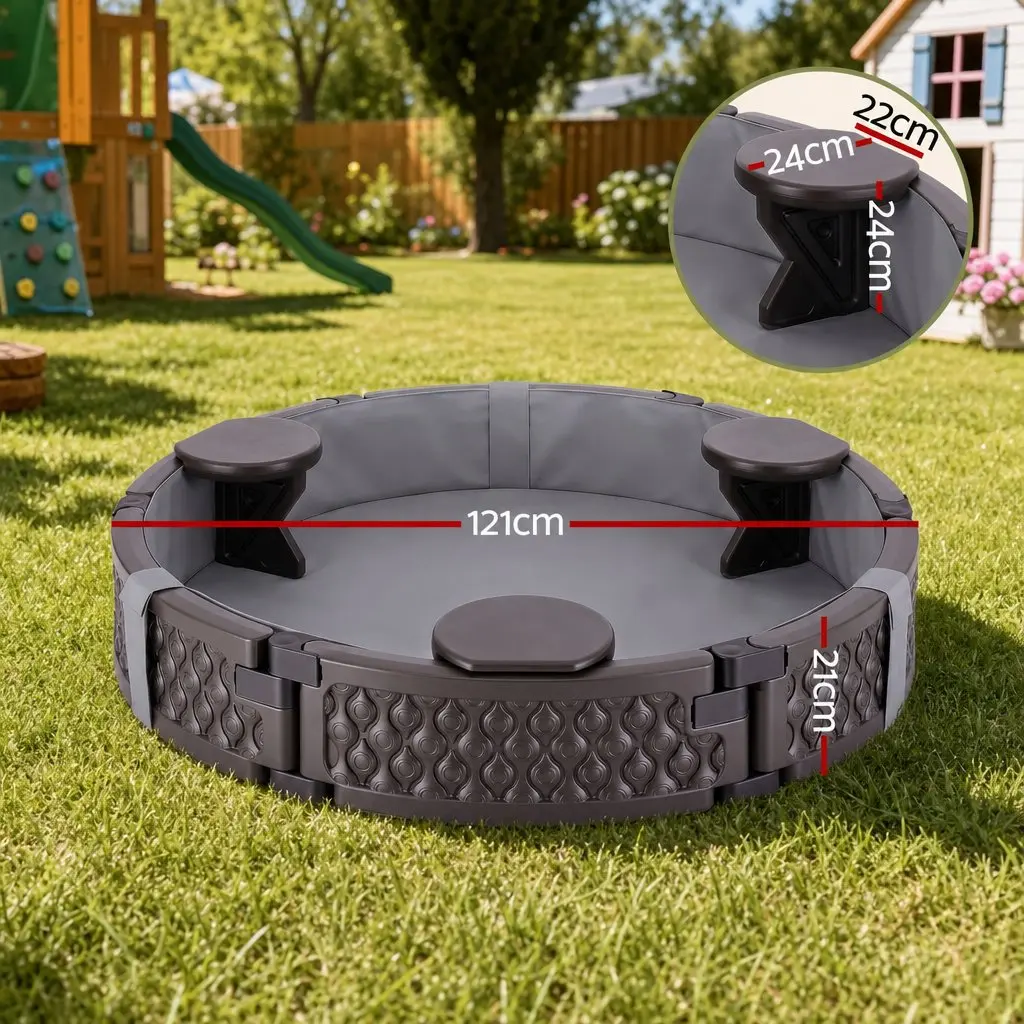 Kids Outdoor Sandpit Round Brown 121cm with 3 Seats Cover and Liner