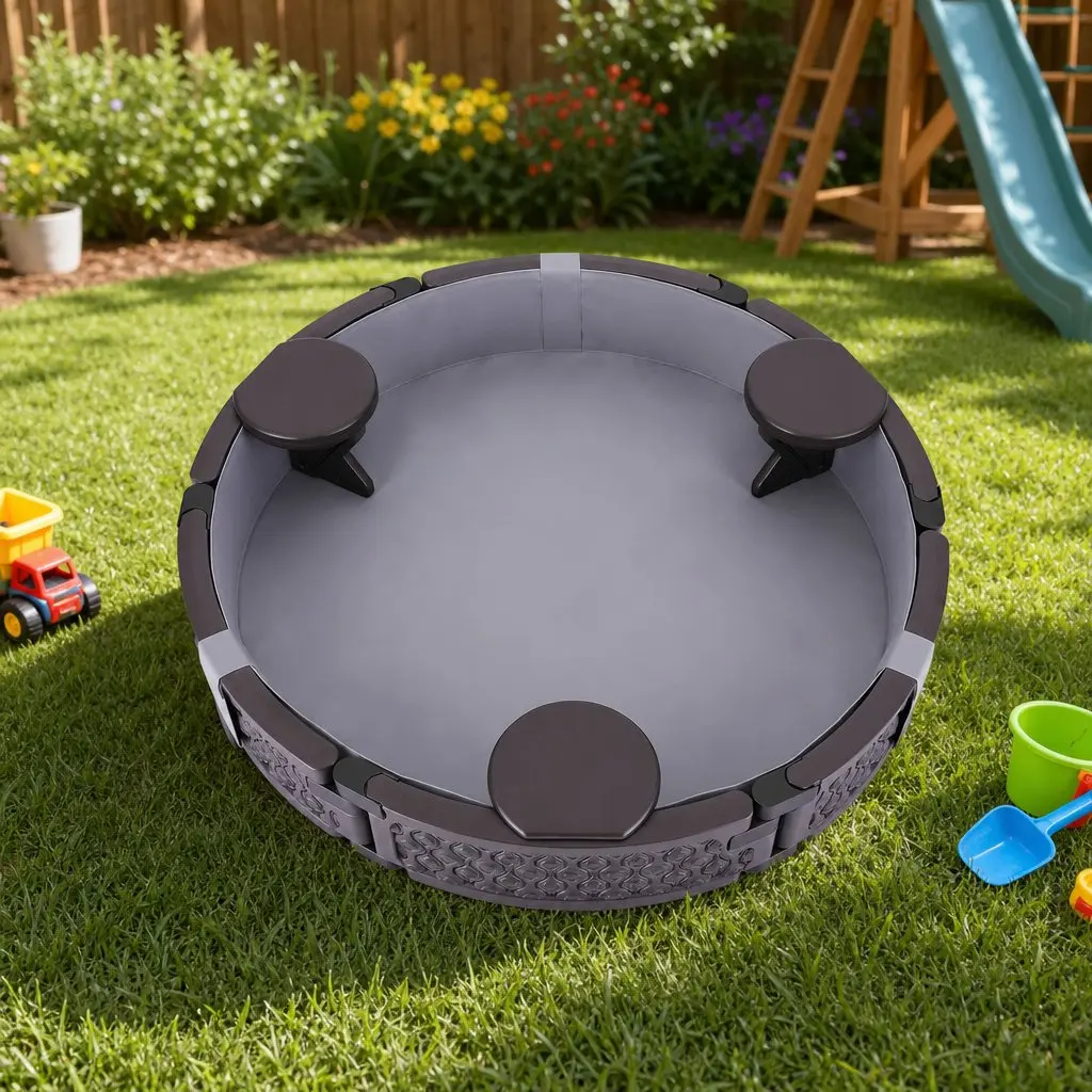 Kids Outdoor Sandpit Round Brown 121cm with 3 Seats Cover and Liner