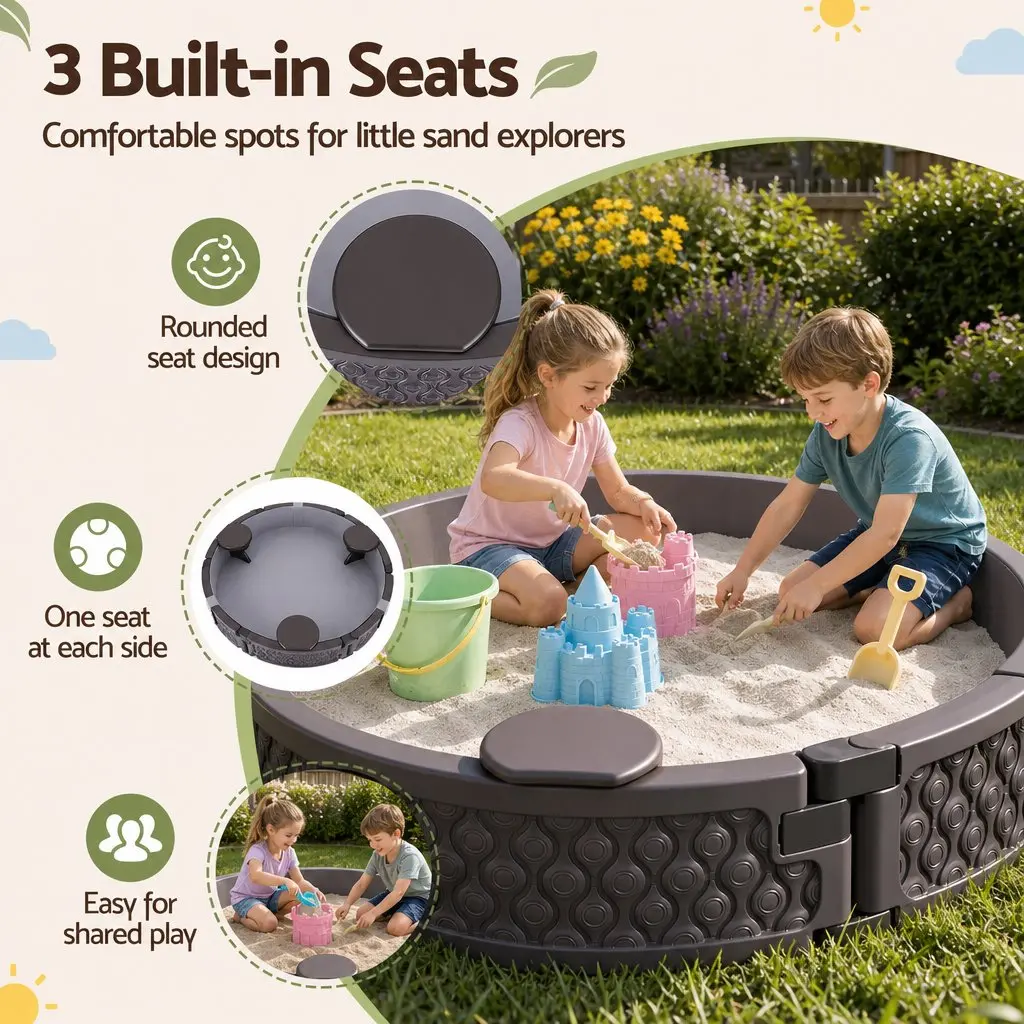 Kids Outdoor Sandpit Round Brown 121cm with 3 Seats Cover and Liner