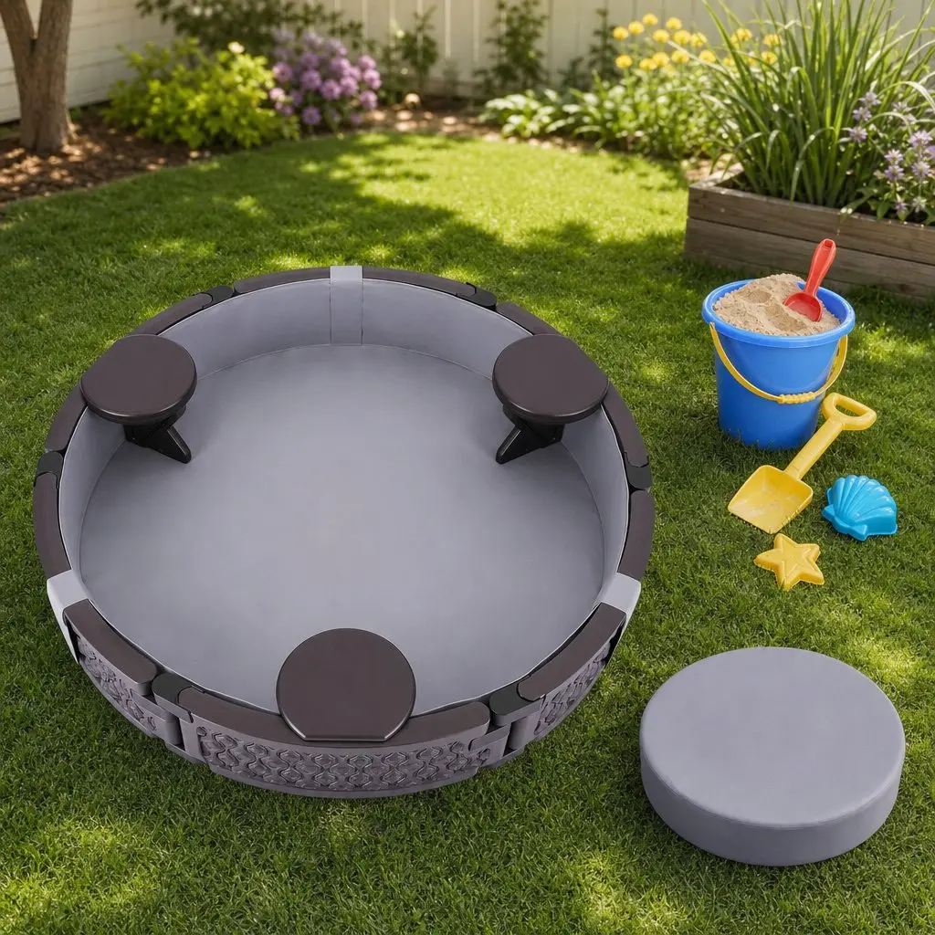 Kids Outdoor Sandpit Round Brown 121cm with 3 Seats Cover and Liner