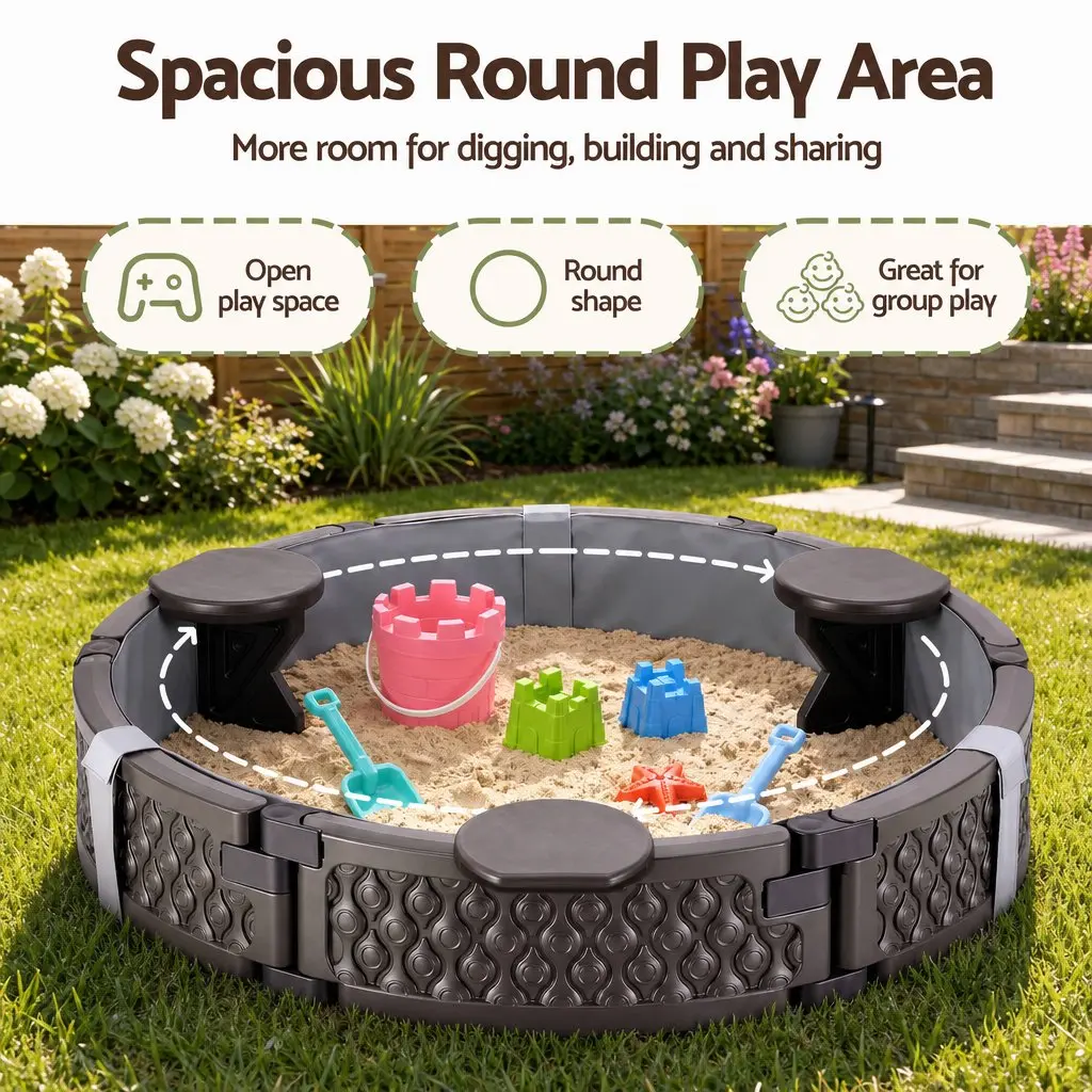 Kids Outdoor Sandpit Round Brown 121cm with 3 Seats Cover and Liner