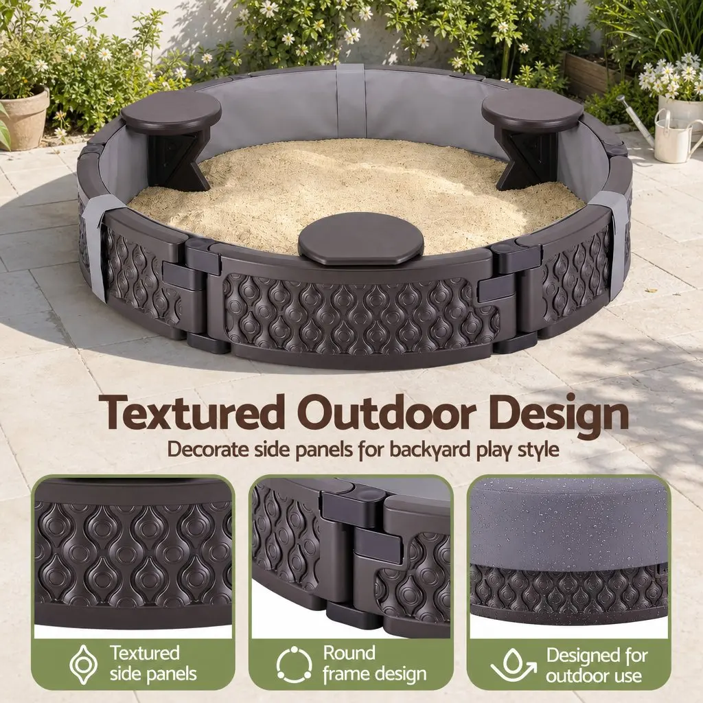 Kids Outdoor Sandpit Round Brown 121cm with 3 Seats Cover and Liner