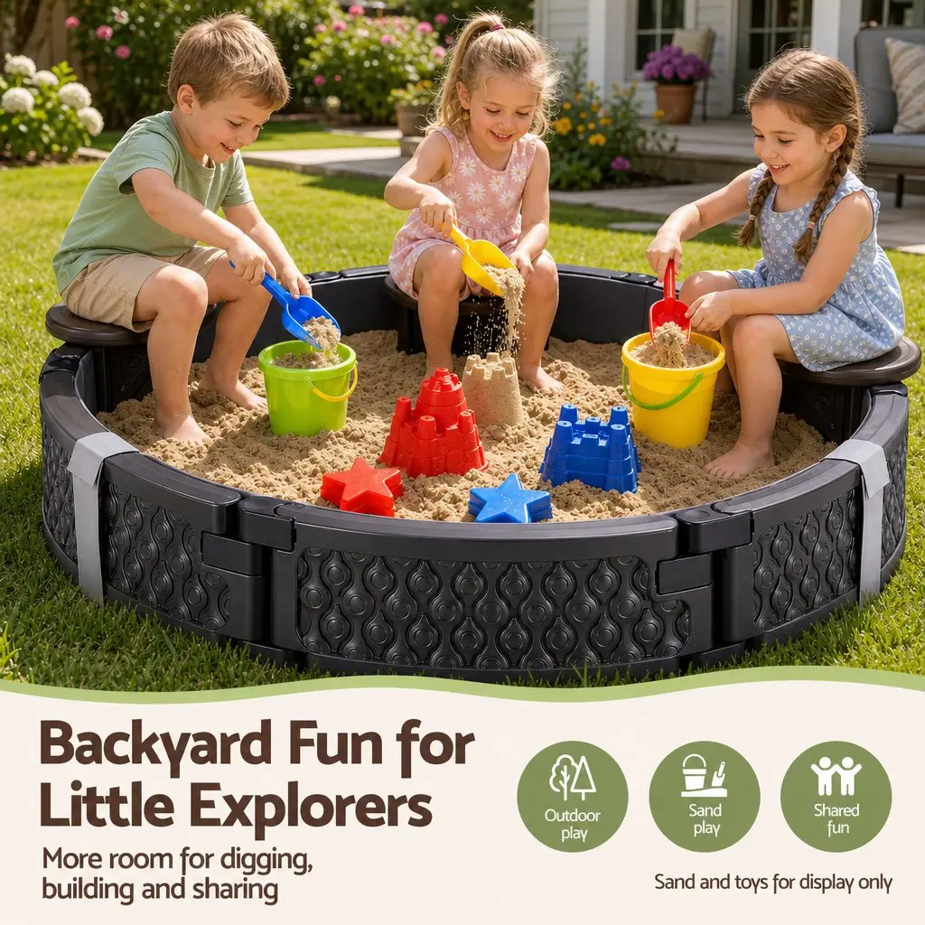 Kids Outdoor Sandpit Round Brown 121cm with 3 Seats Cover and Liner