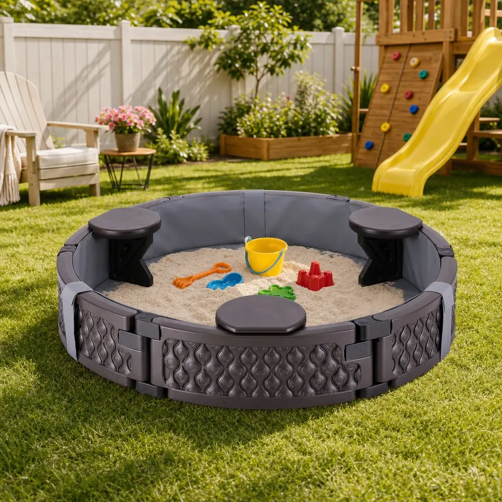 Kids Outdoor Sandpit Round Brown 121cm with 3 Seats Cover and Liner