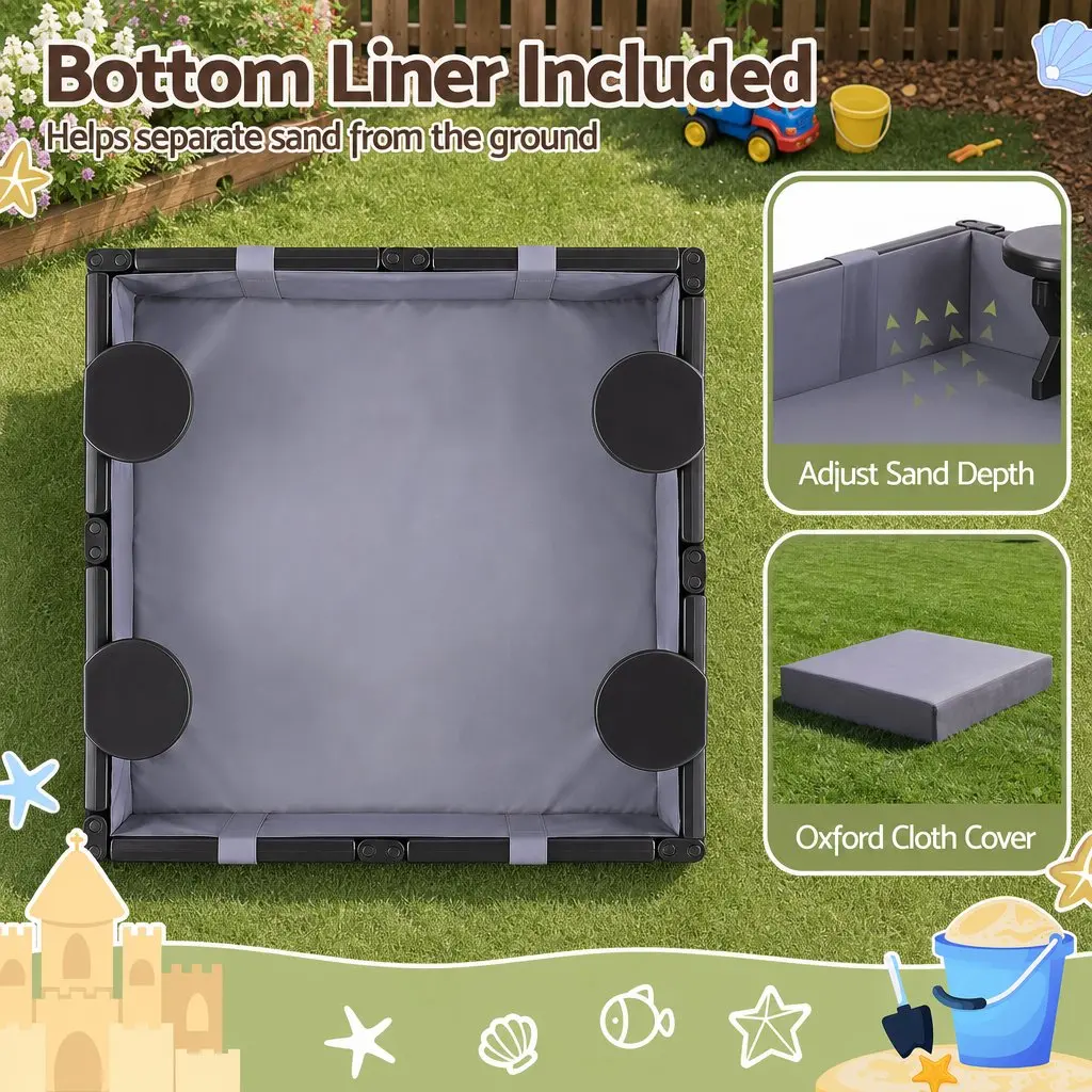 Kids Sandpit HDPE Square 119cm Brown with 4 Seats and Grey Liner Cover Outdoor Sandbox