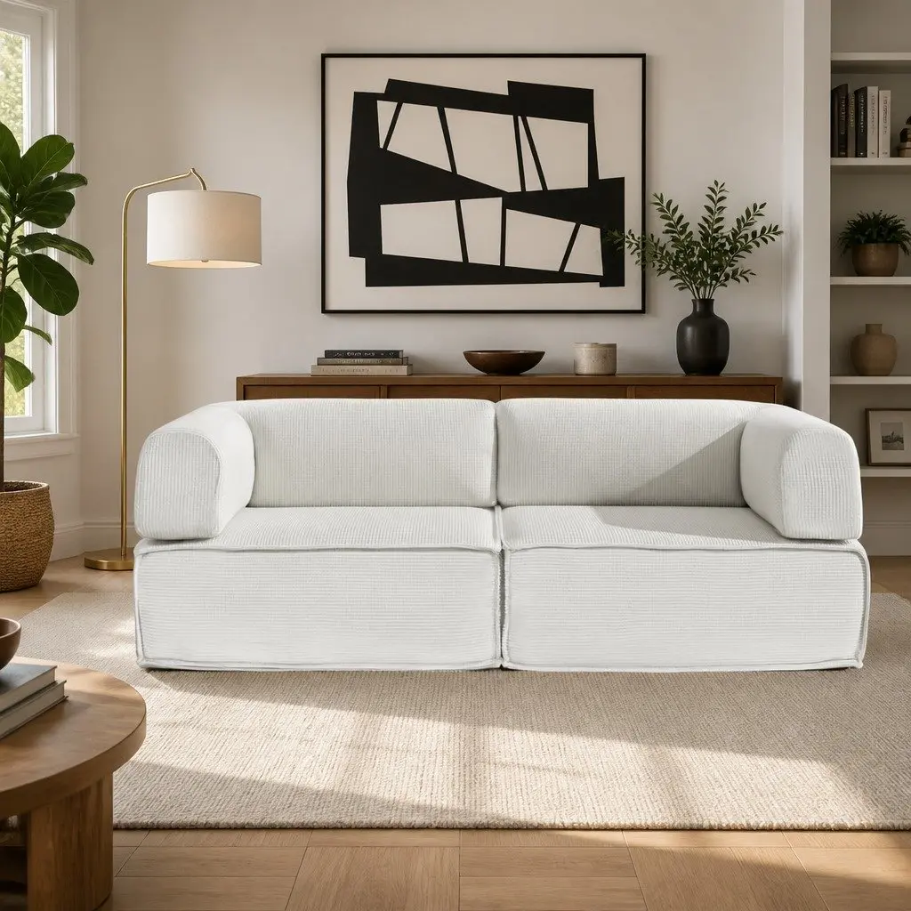 Beige 2-Seater Convertible Sofa Bed with Steel Frame