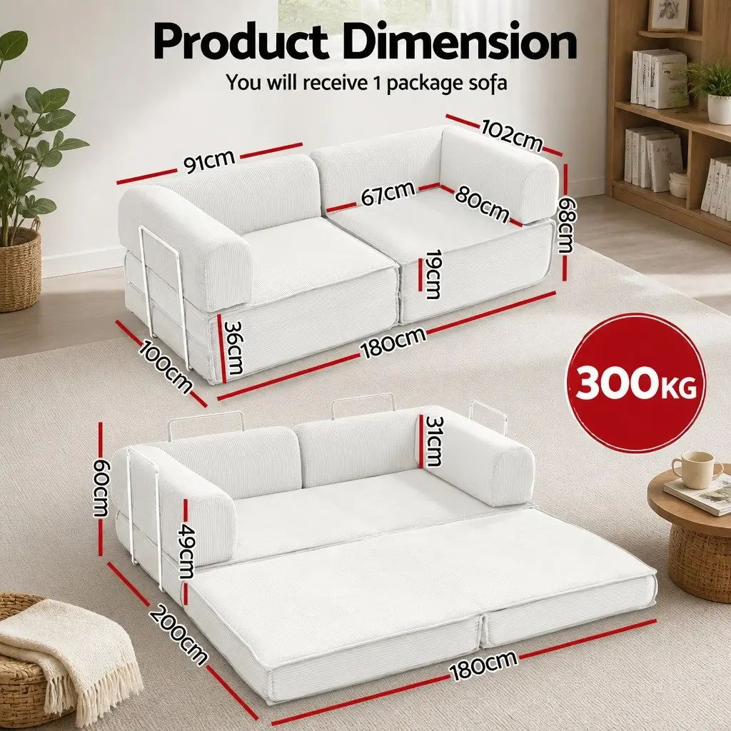 Sofa Bed Corduroy Steel 2-Seater Beige