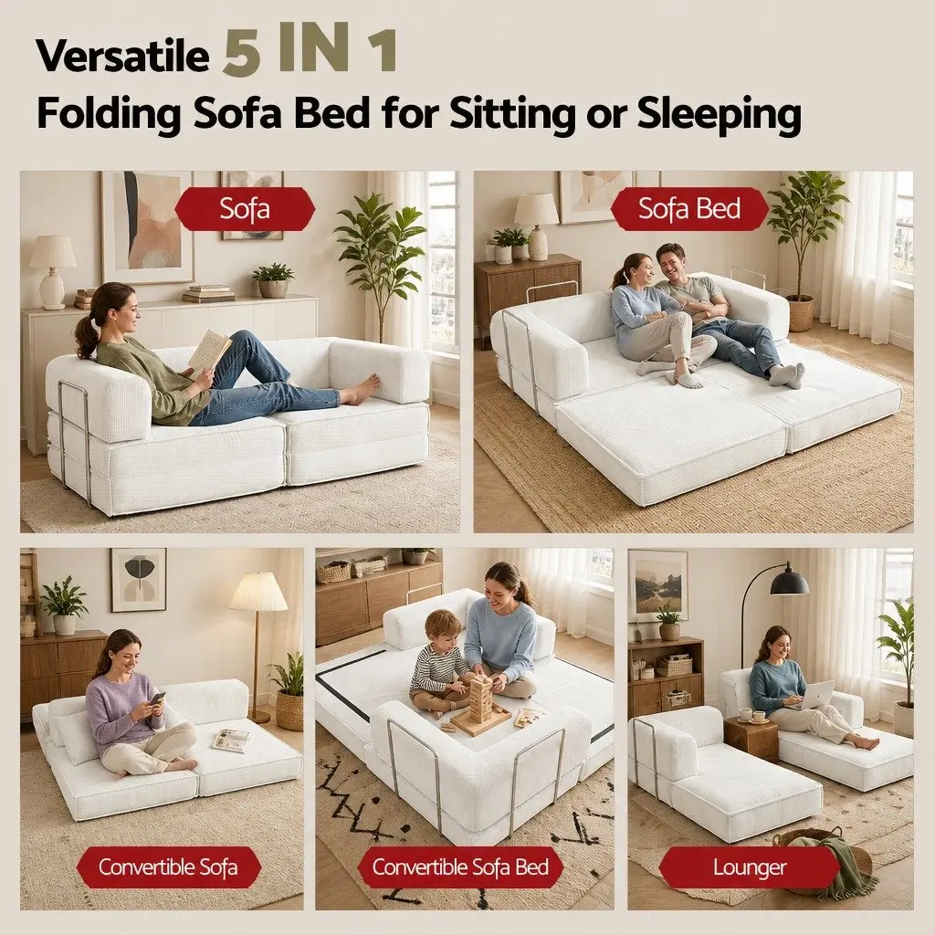 Sofa Bed Corduroy Steel 2-Seater Beige