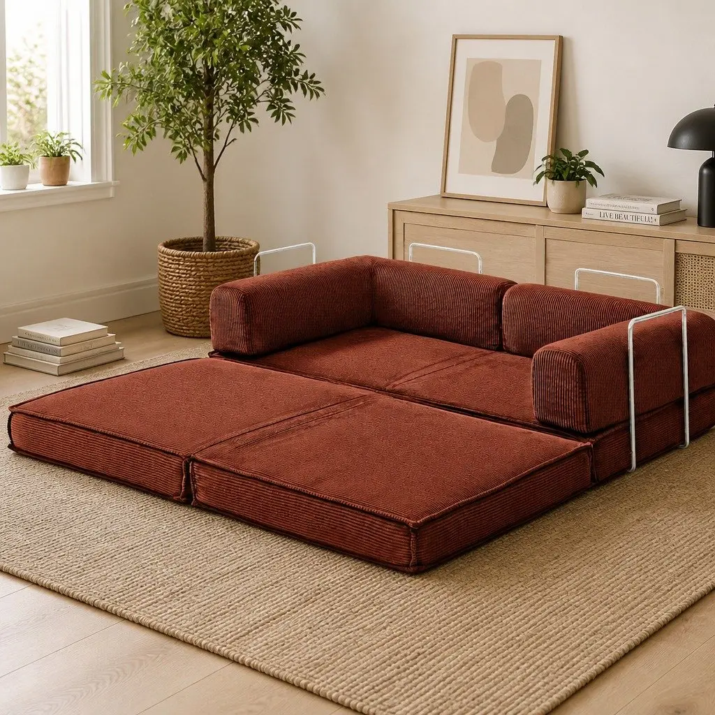 Convertible Sofa Bed Corduroy Orange 2-Seater Couch Sleeper Chair Steel Frame