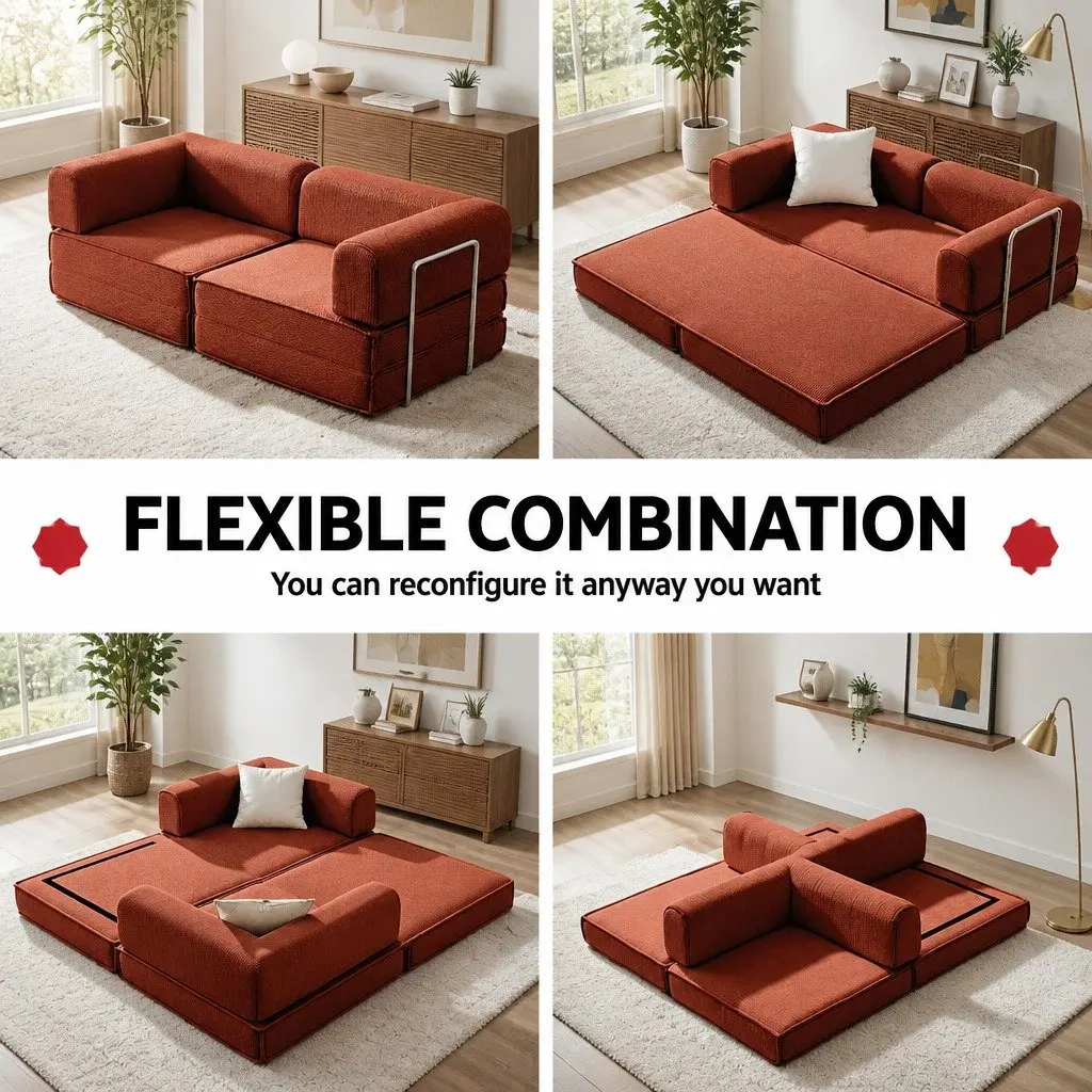 Convertible Sofa Bed Corduroy Orange 2-Seater Couch Sleeper Chair Steel Frame