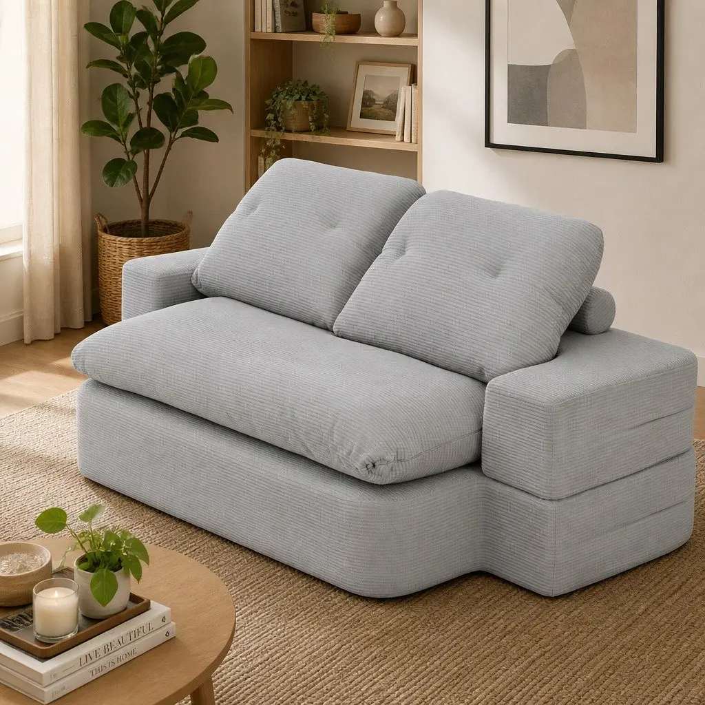 Convertible Sofa Bed Corduroy 30D High-Density Foam Grey 200cm x 120cm Boneless Couch with Headrest Pillows and Integrated Blanket