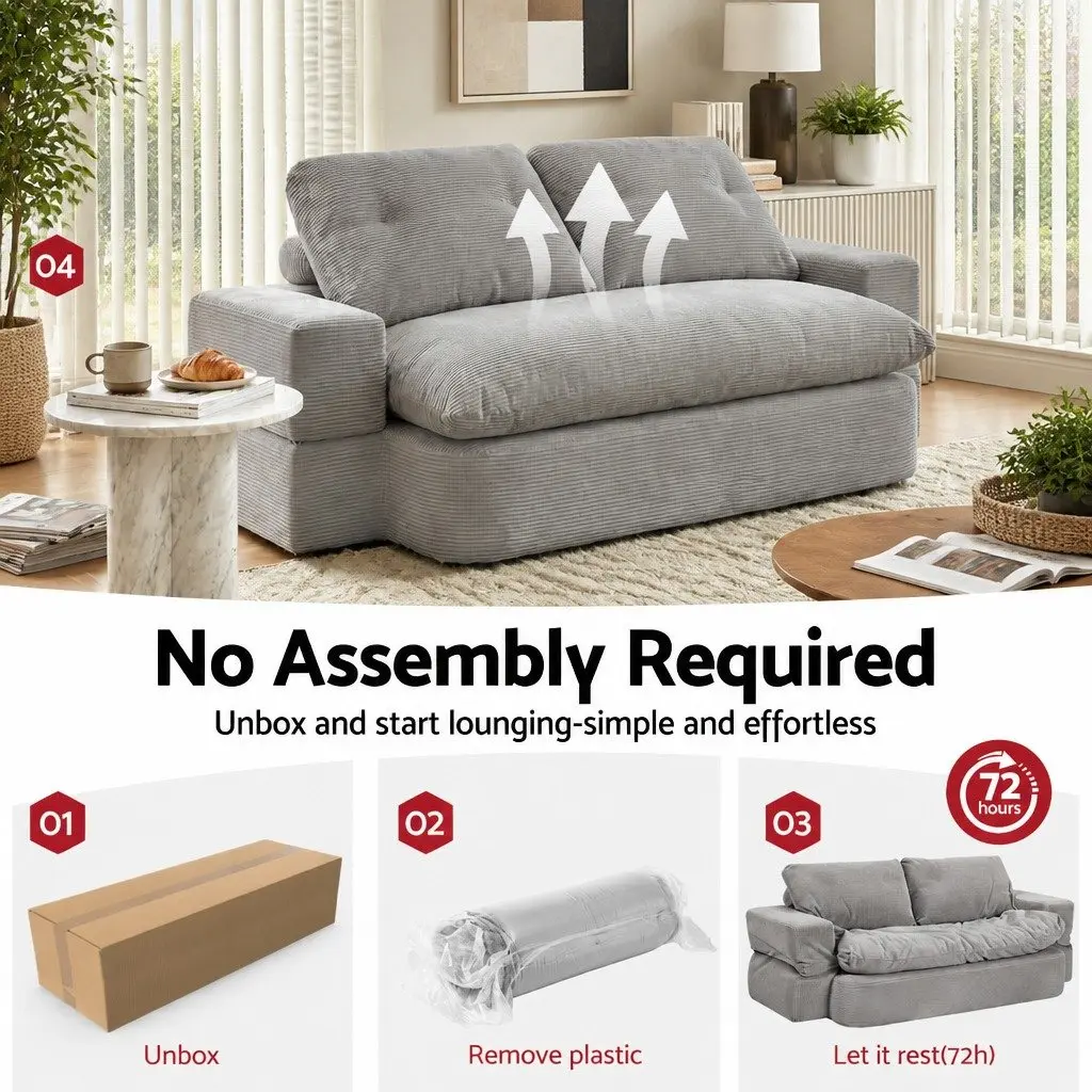 Convertible Sofa Bed Corduroy 30D High-Density Foam Grey 200cm x 120cm Boneless Couch with Headrest Pillows and Integrated Blanket