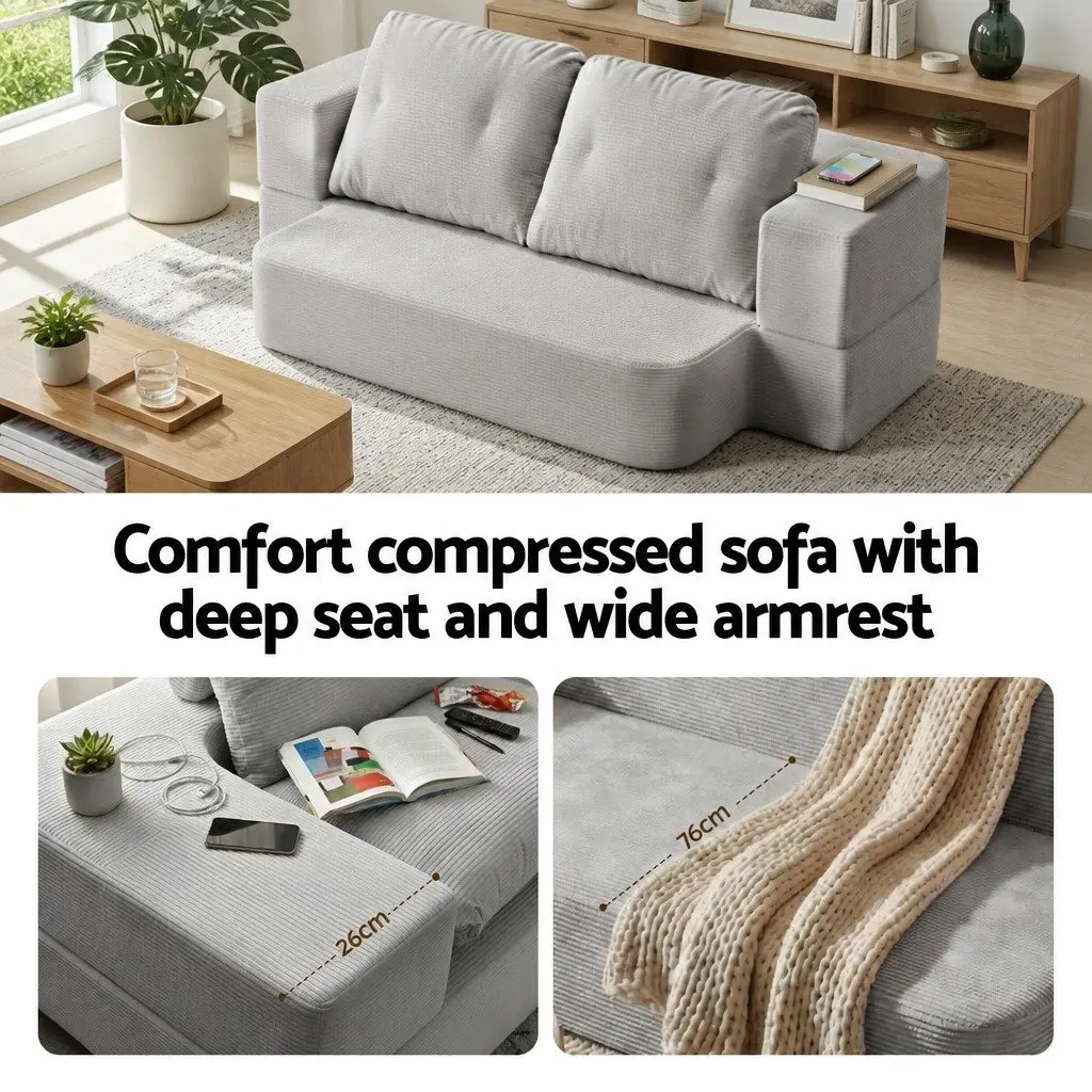 Convertible Sofa Bed Corduroy 30D High-Density Foam Grey 200cm x 120cm Boneless Couch with Headrest Pillows and Integrated Blanket