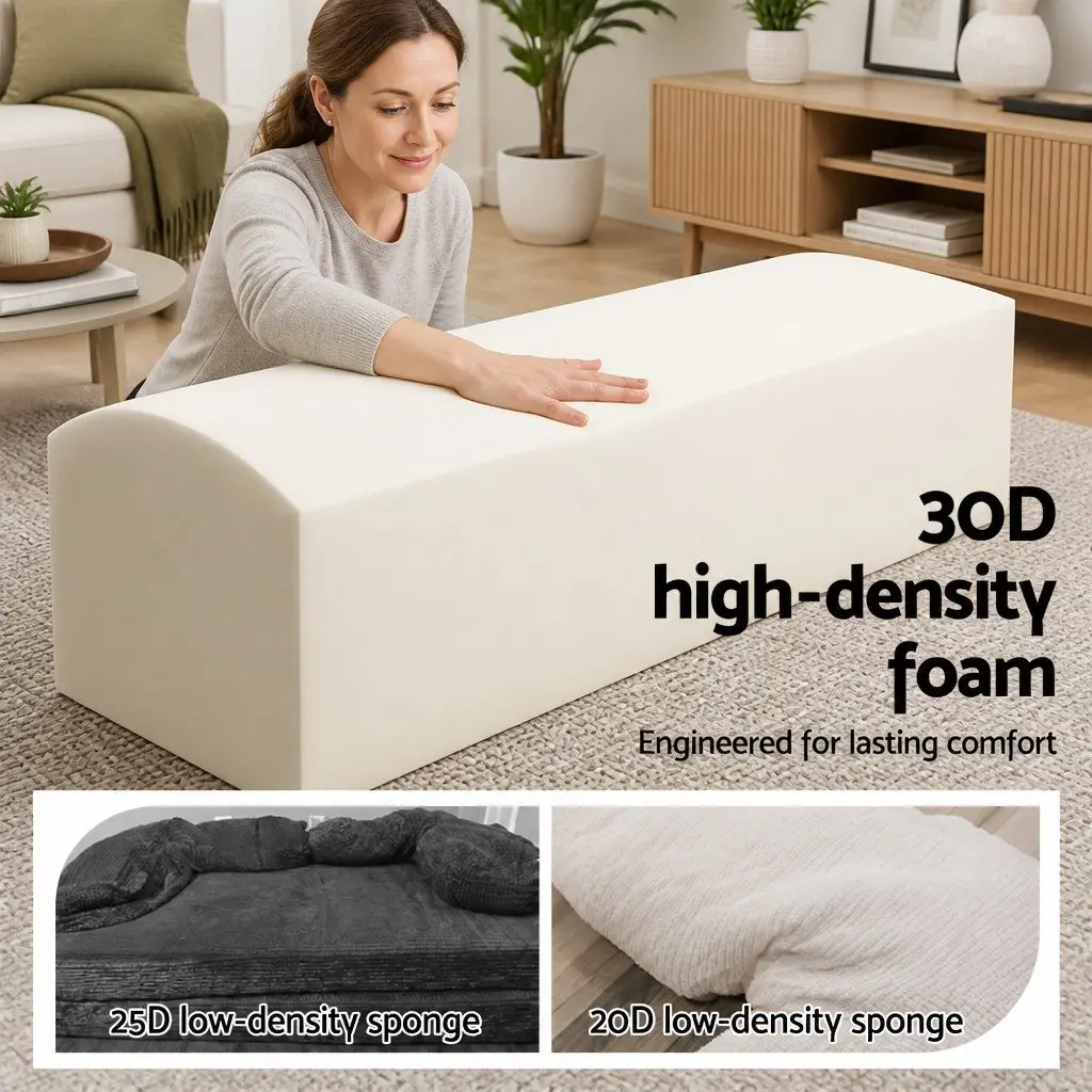 Convertible Sofa Bed Corduroy 30D High-Density Foam Grey 200cm x 120cm Boneless Couch with Headrest Pillows and Integrated Blanket