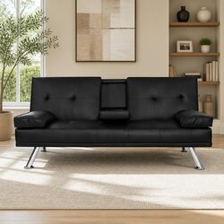 Black PU Leather 3-Seater Sofa Bed with Cup Holders
