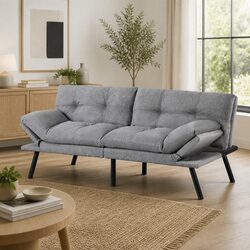 3-Seater Grey Fabric Sofa Bed with Adjustable Features