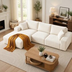 3-Seater L-Shaped Sectional Sofa Bed in White Corduroy