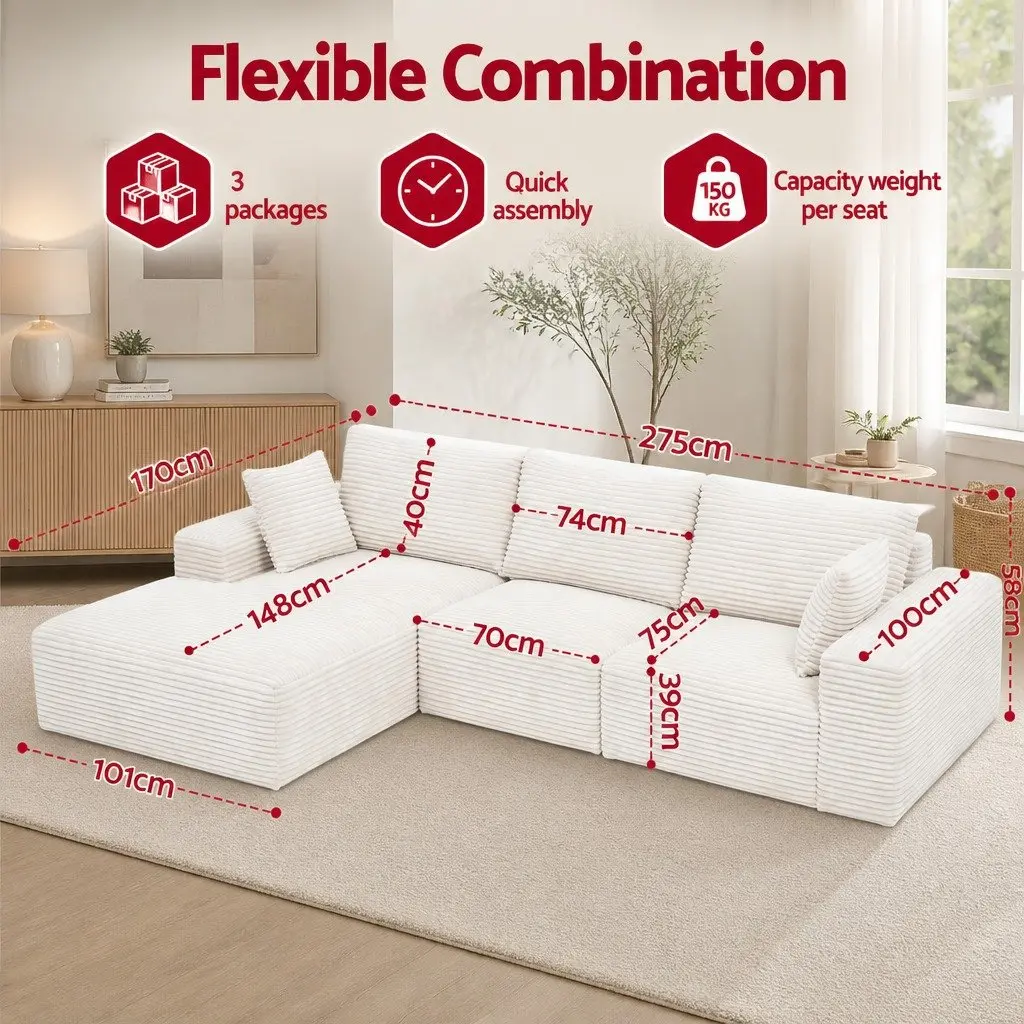 3-Seater L-Shaped Sectional Sofa Bed in White Corduroy