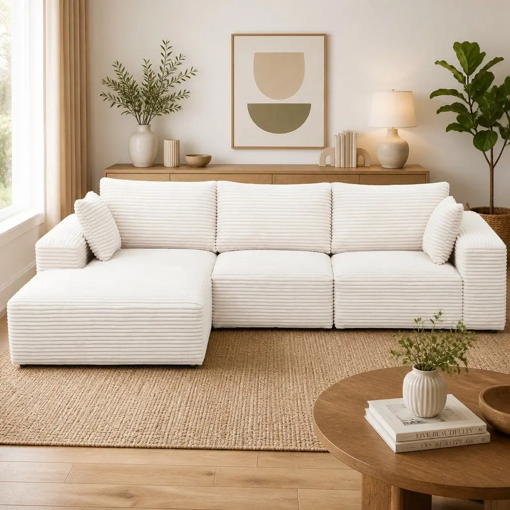 3-Seater L-Shaped Sectional Sofa Bed in White Corduroy