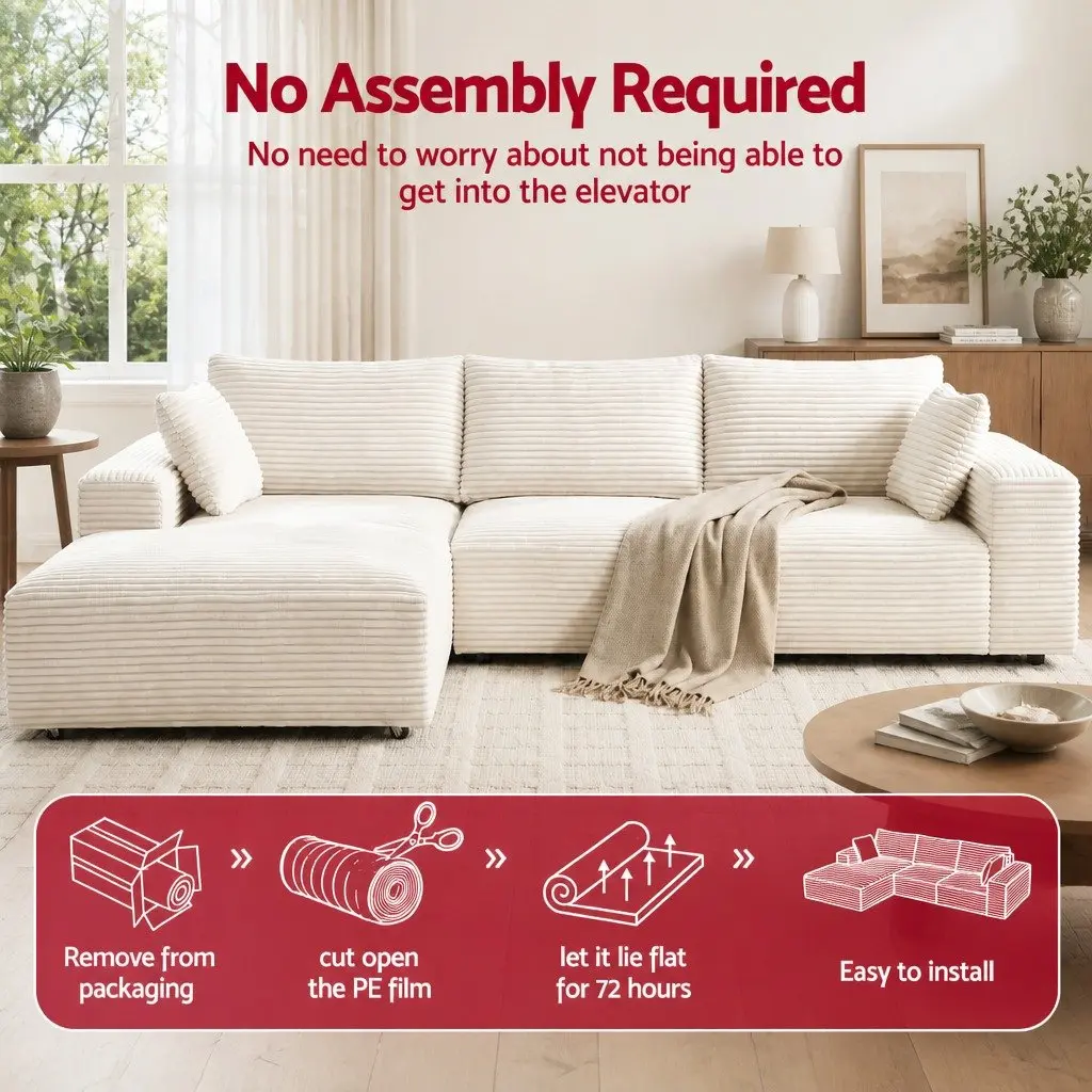 3-Seater L-Shaped Sectional Sofa Bed in White Corduroy