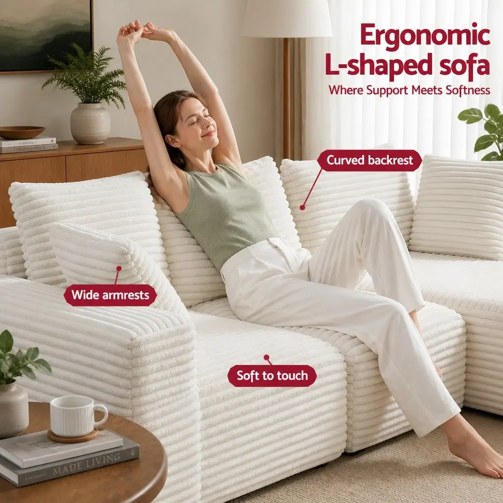 3-Seater L-Shaped Sectional Sofa Bed in White Corduroy