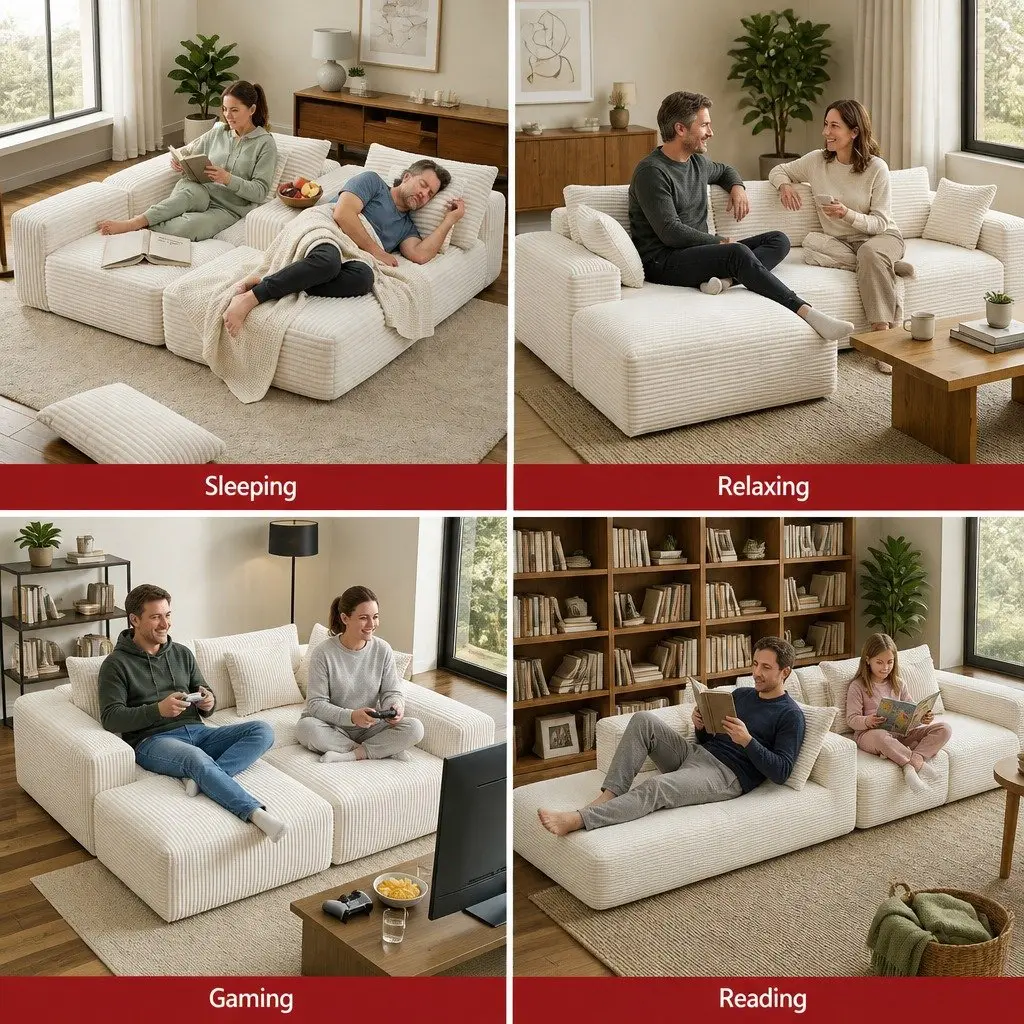 3-Seater L-Shaped Sectional Sofa Bed in White Corduroy