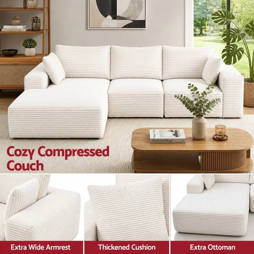 3-Seater L-Shaped Sectional Sofa Bed in White Corduroy