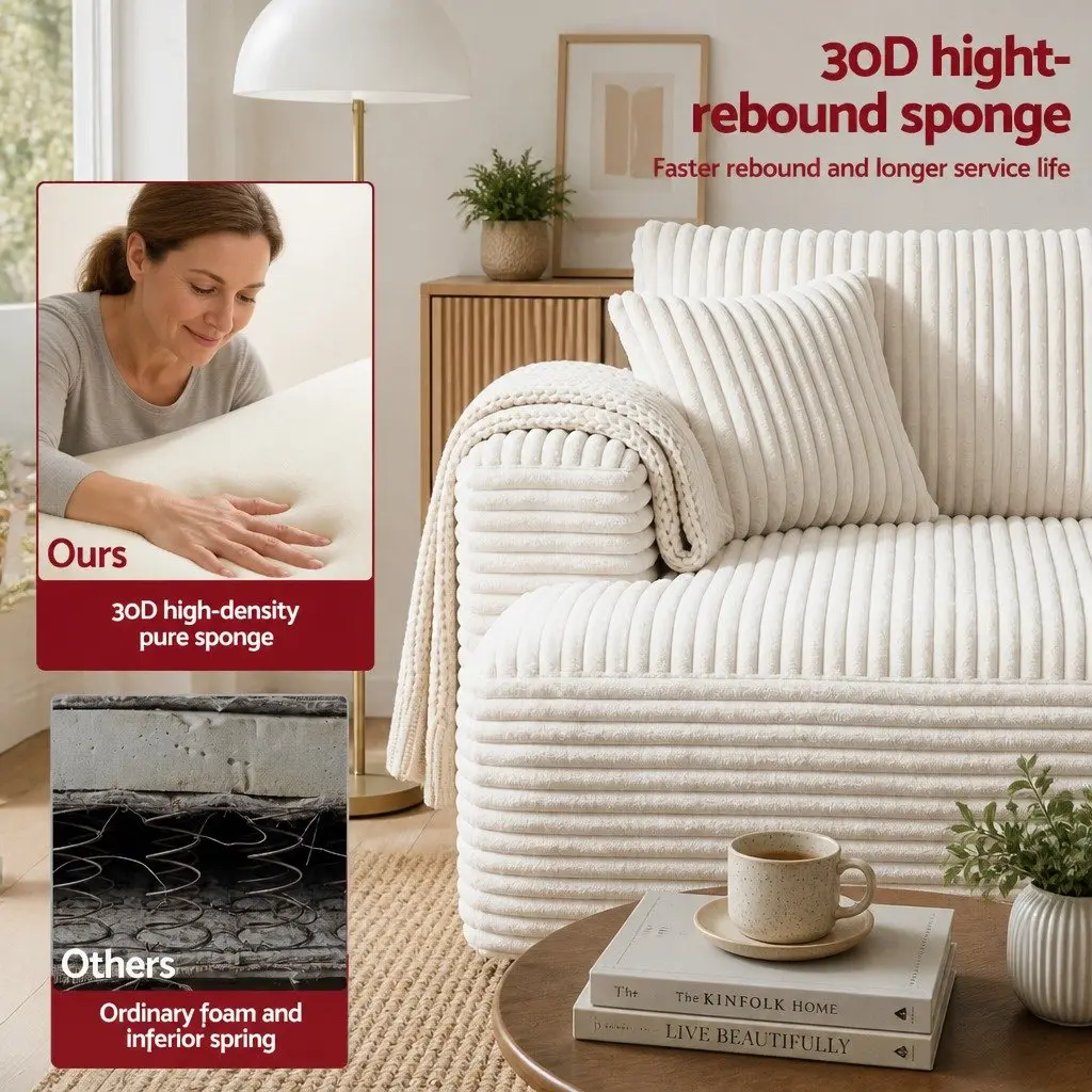 3-Seater L-Shaped Sectional Sofa Bed in White Corduroy