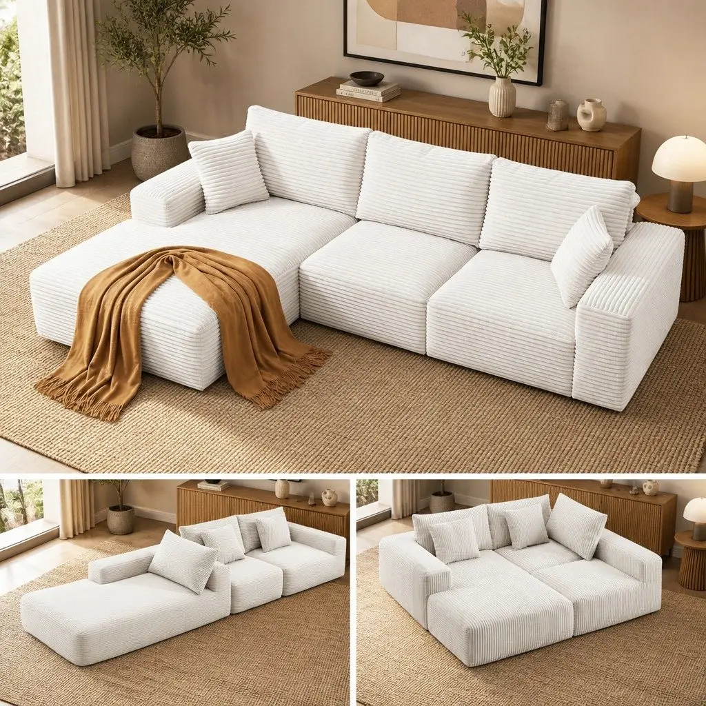 3-Seater L-Shaped Sectional Sofa Bed in White Corduroy