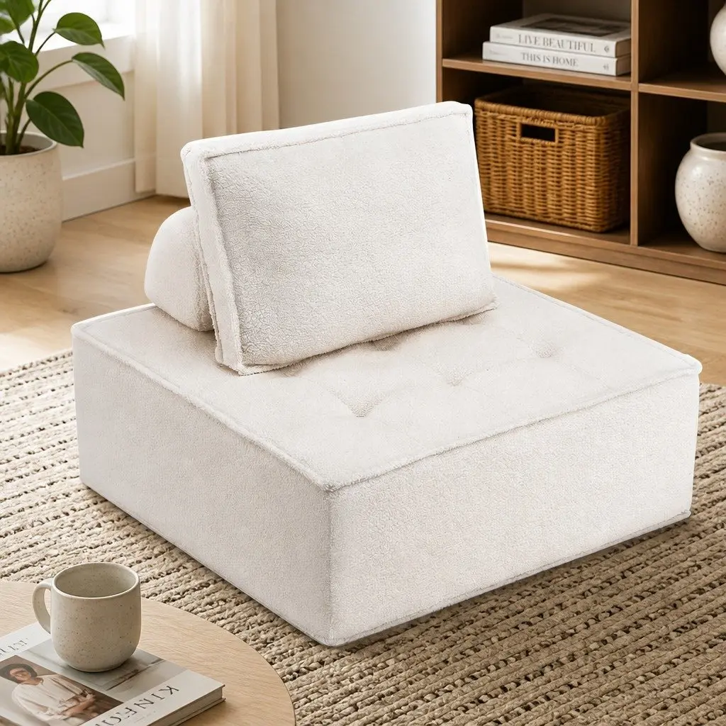 Floor Sofa Lounge Chair Boucle Fabric 86cm x 86cm x 76cm White