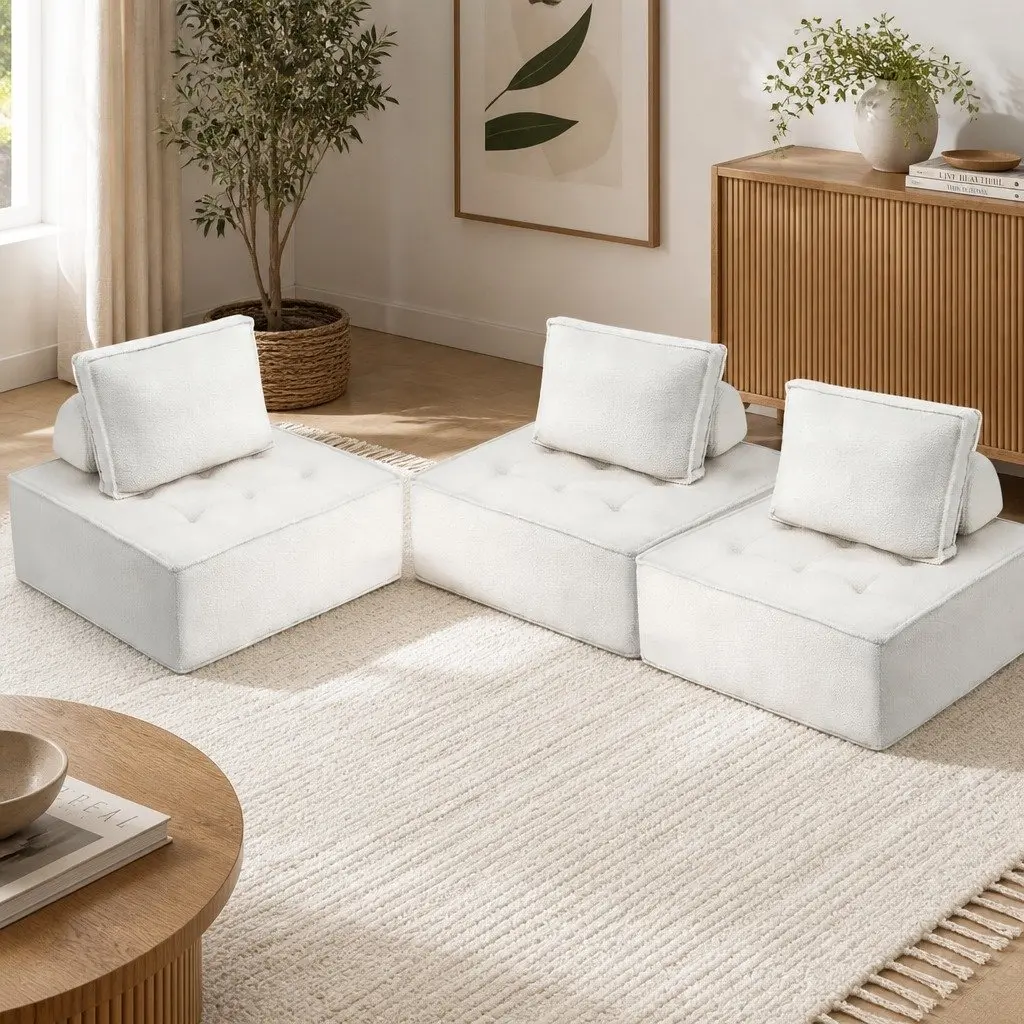 Floor Sofa Lounge Chair Boucle Fabric 86cm x 86cm x 76cm White