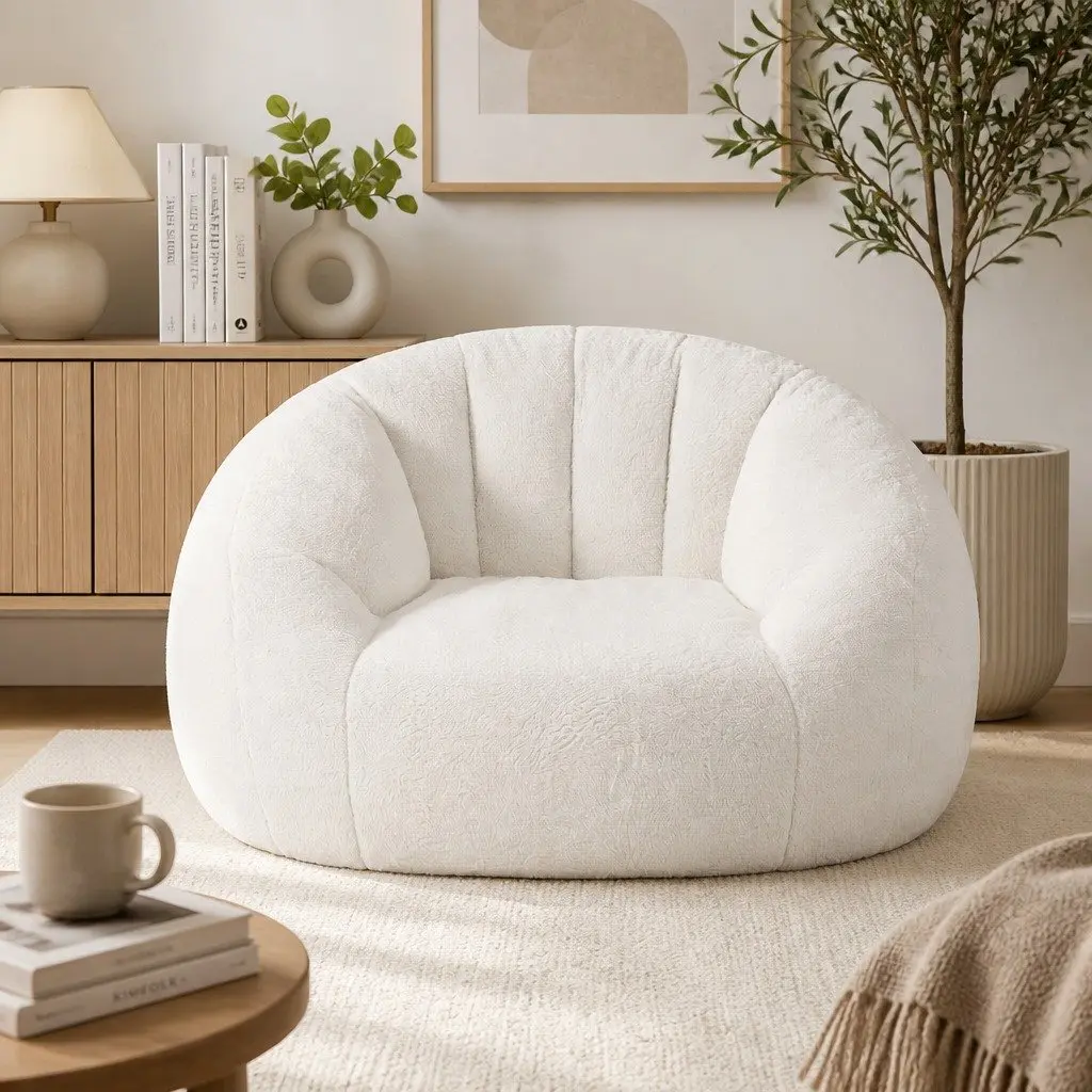 Shell-Shaped Floor Lounge Chair Faux Fur White 130cm