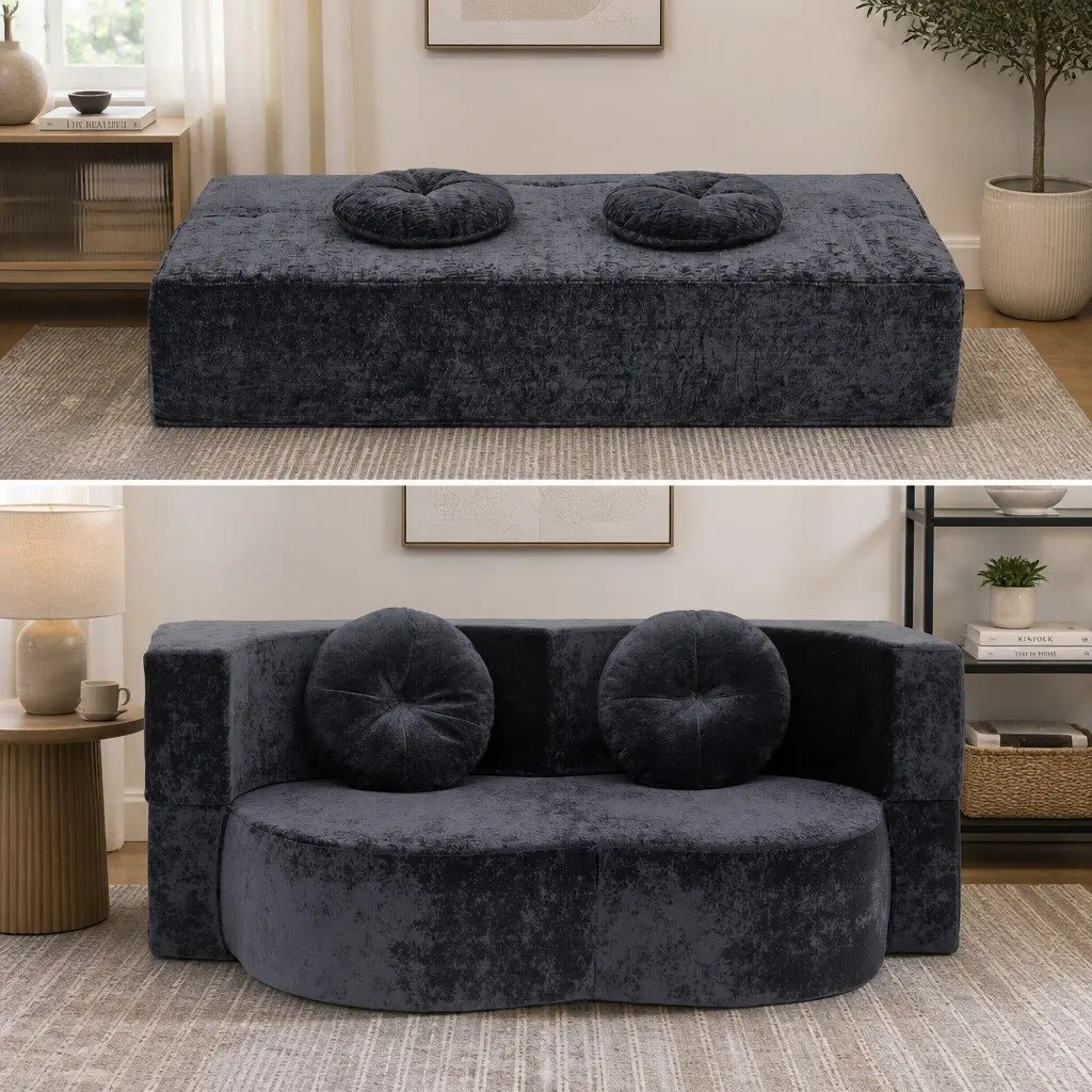 Convertible Sofa Bed Plush Fabric Grey 200cm x 100cm x 38cm