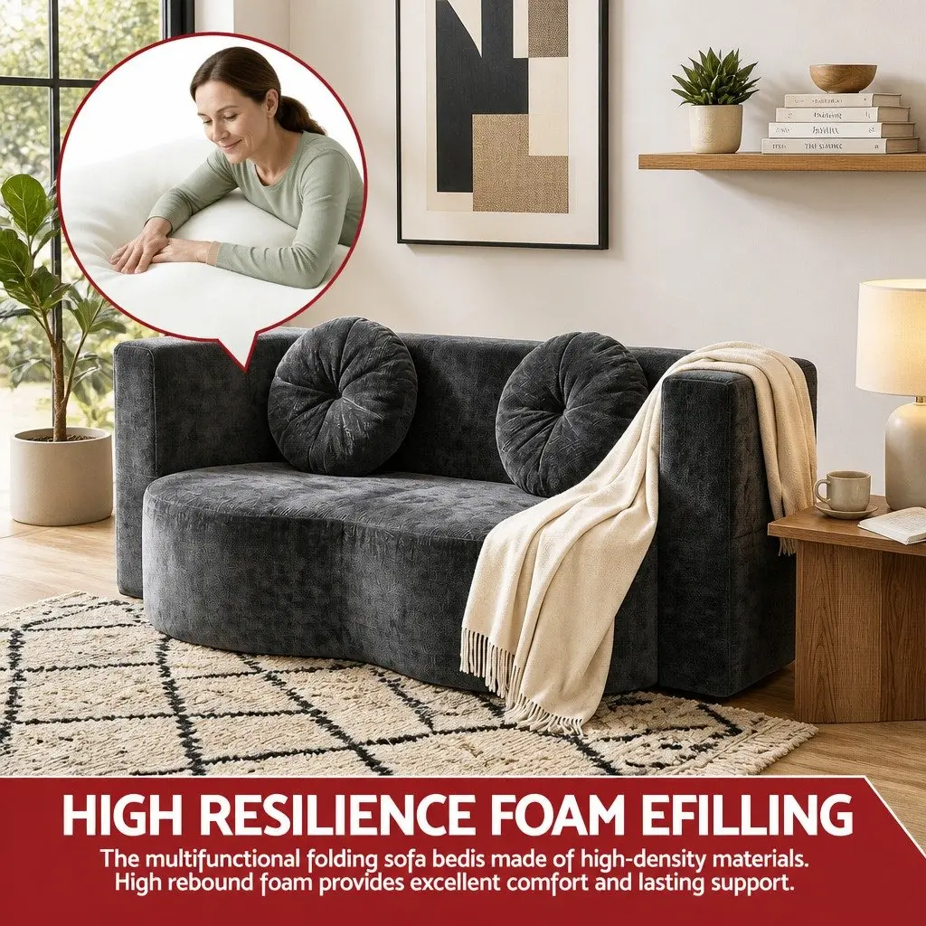 Convertible Sofa Bed Plush Fabric Grey 200cm x 100cm x 38cm