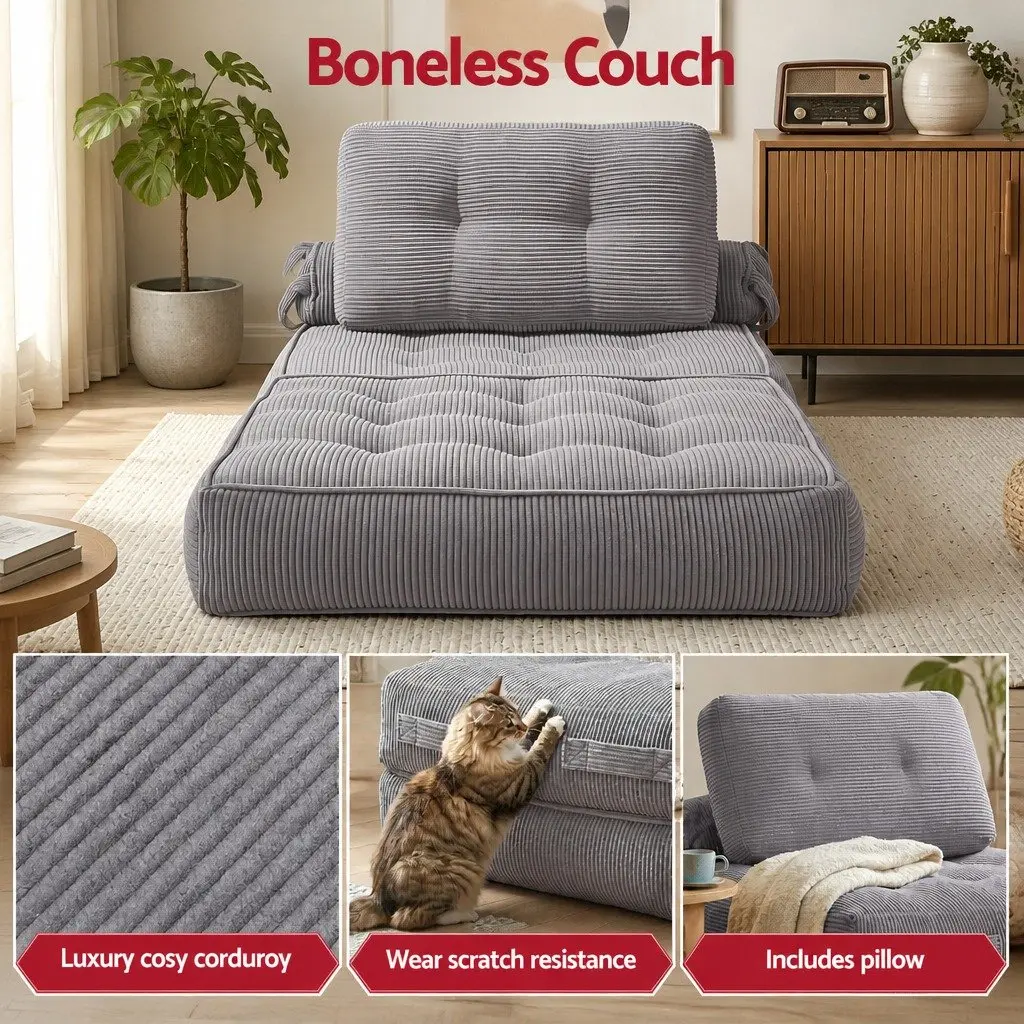 1 Seater Convertible Sofa Bed Pull Out Couch Grey Boneless Design Floor Sleeper