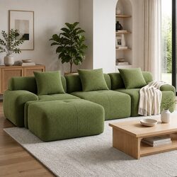 300cm L-Shaped Green Modular Sofa Bed with Pillows