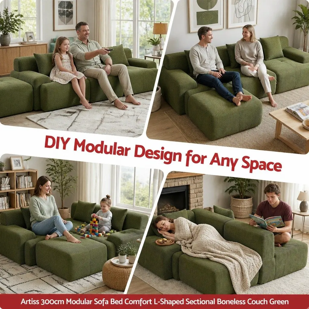 300cm L-Shaped Green Modular Sofa Bed with Pillows