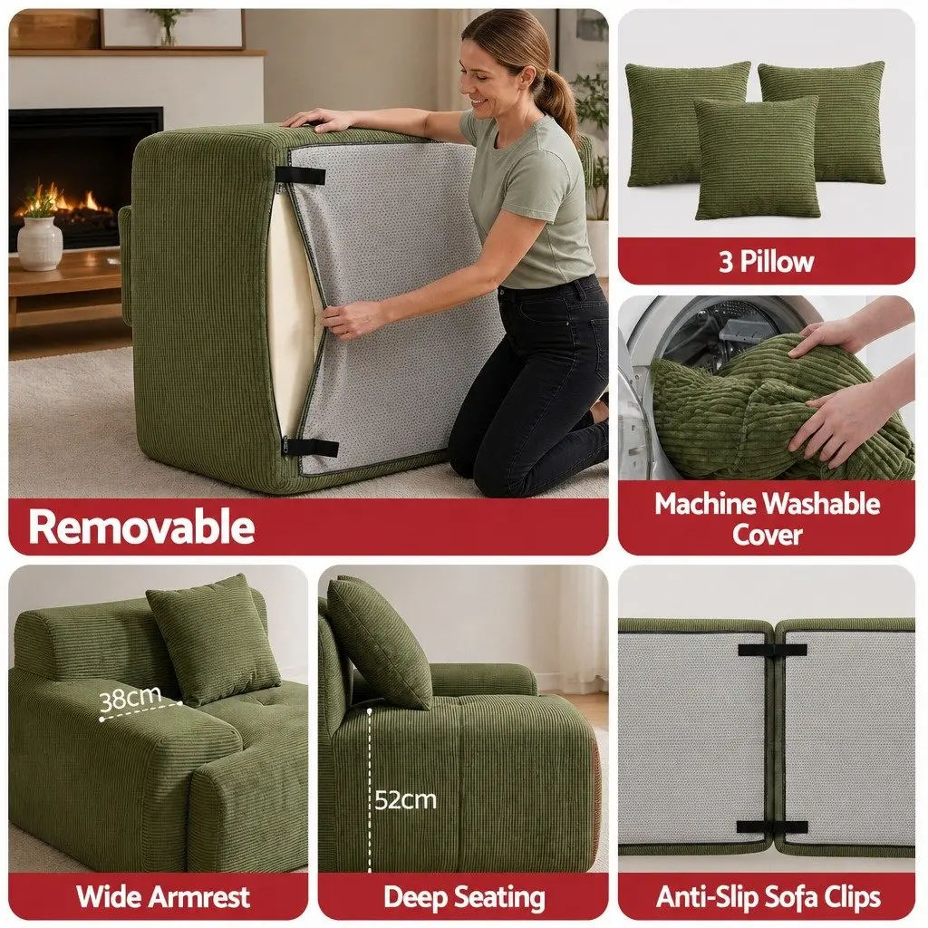 300cm L-Shaped Green Modular Sofa Bed with Pillows