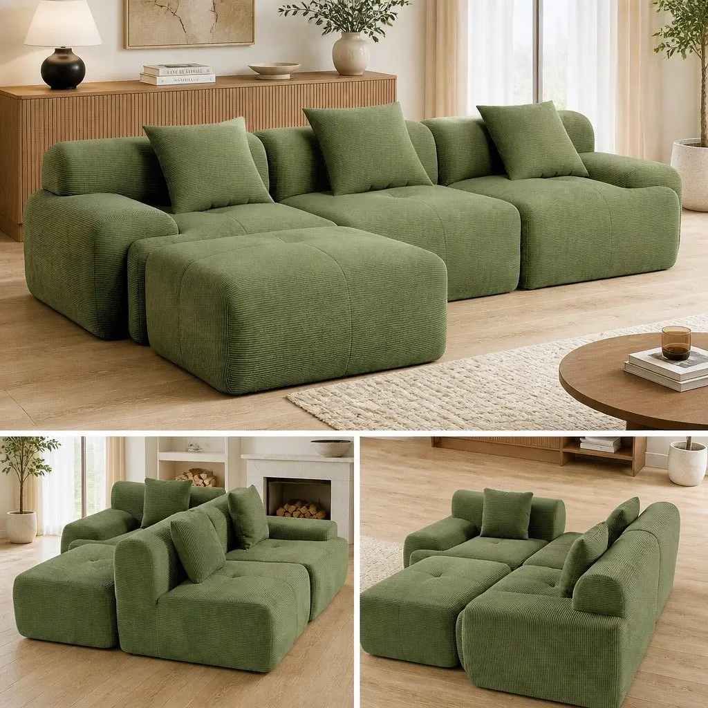 300cm L-Shaped Green Modular Sofa Bed with Pillows