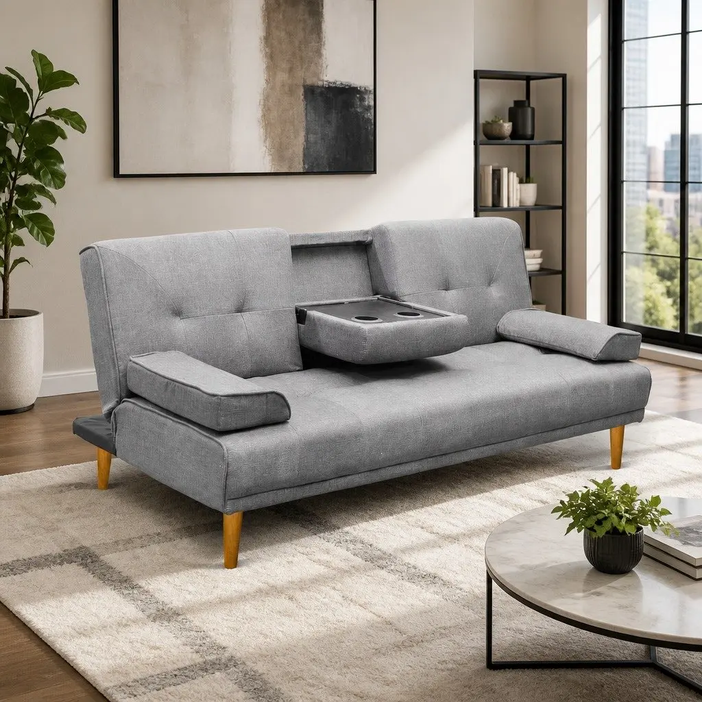 Convertible 3-Seater Sofa Bed in Grey Faux Linen