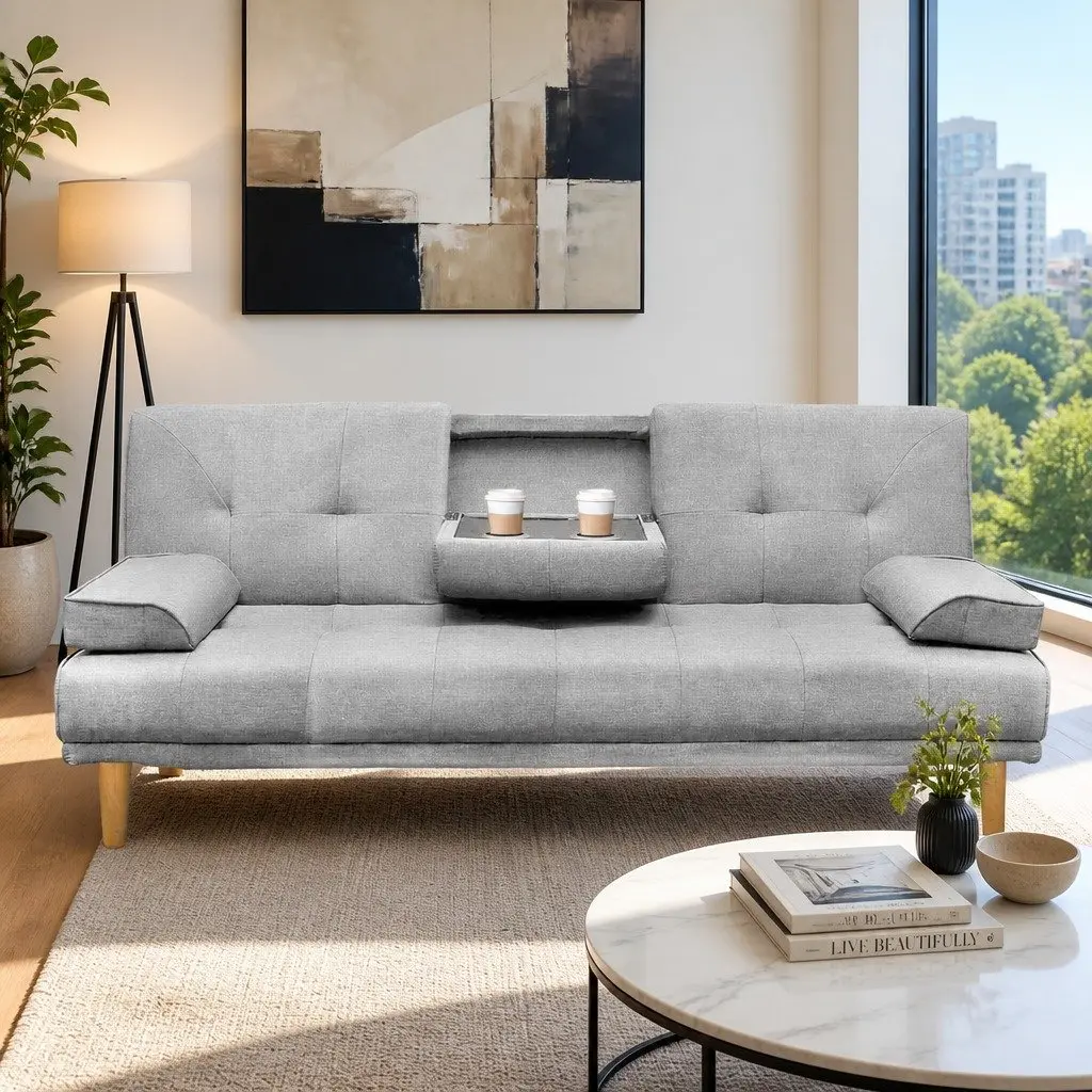 3-Seater Sofa Bed Faux Linen 188cm Grey Convertible Couch