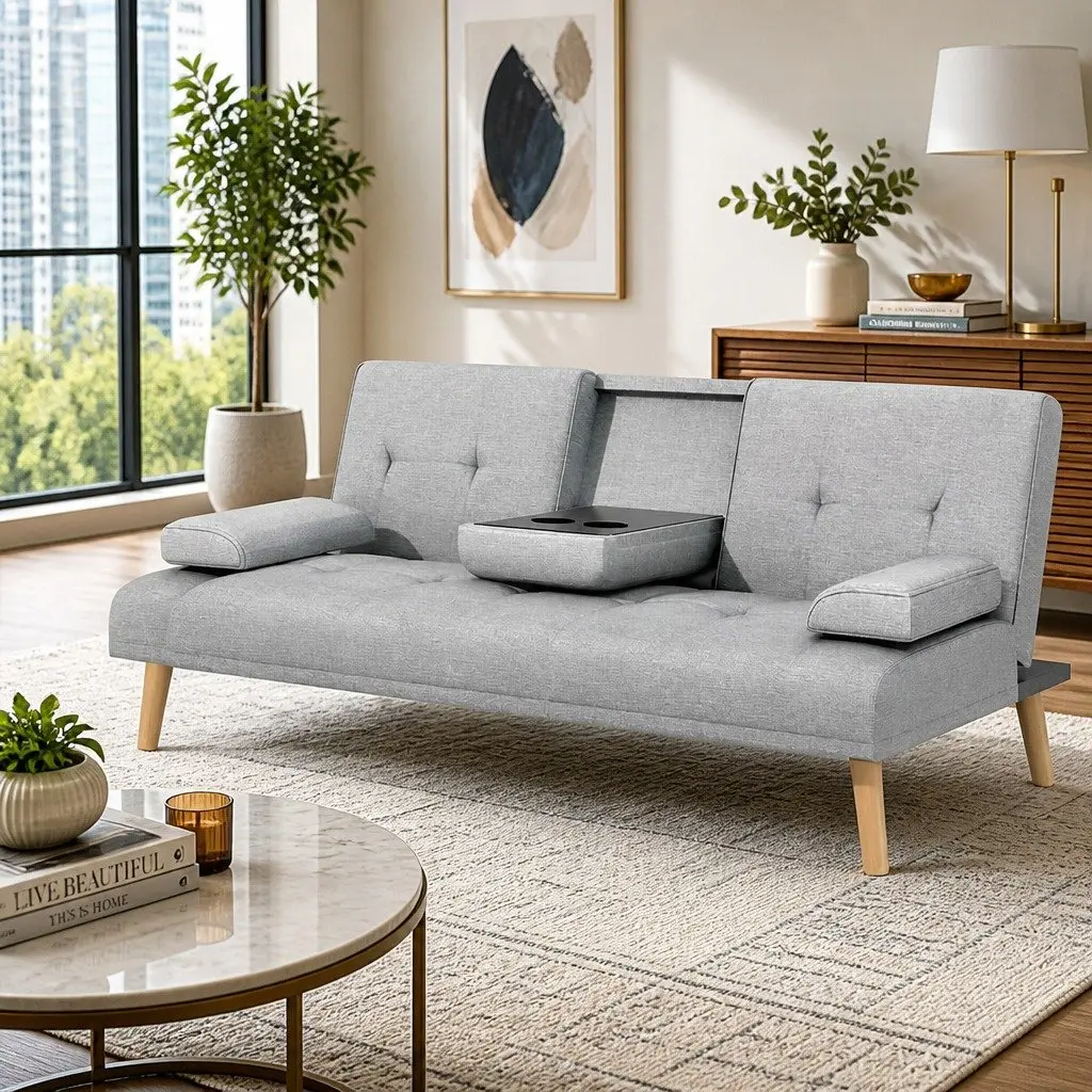3-Seater Sofa Bed Faux Linen 188cm Grey Convertible Couch
