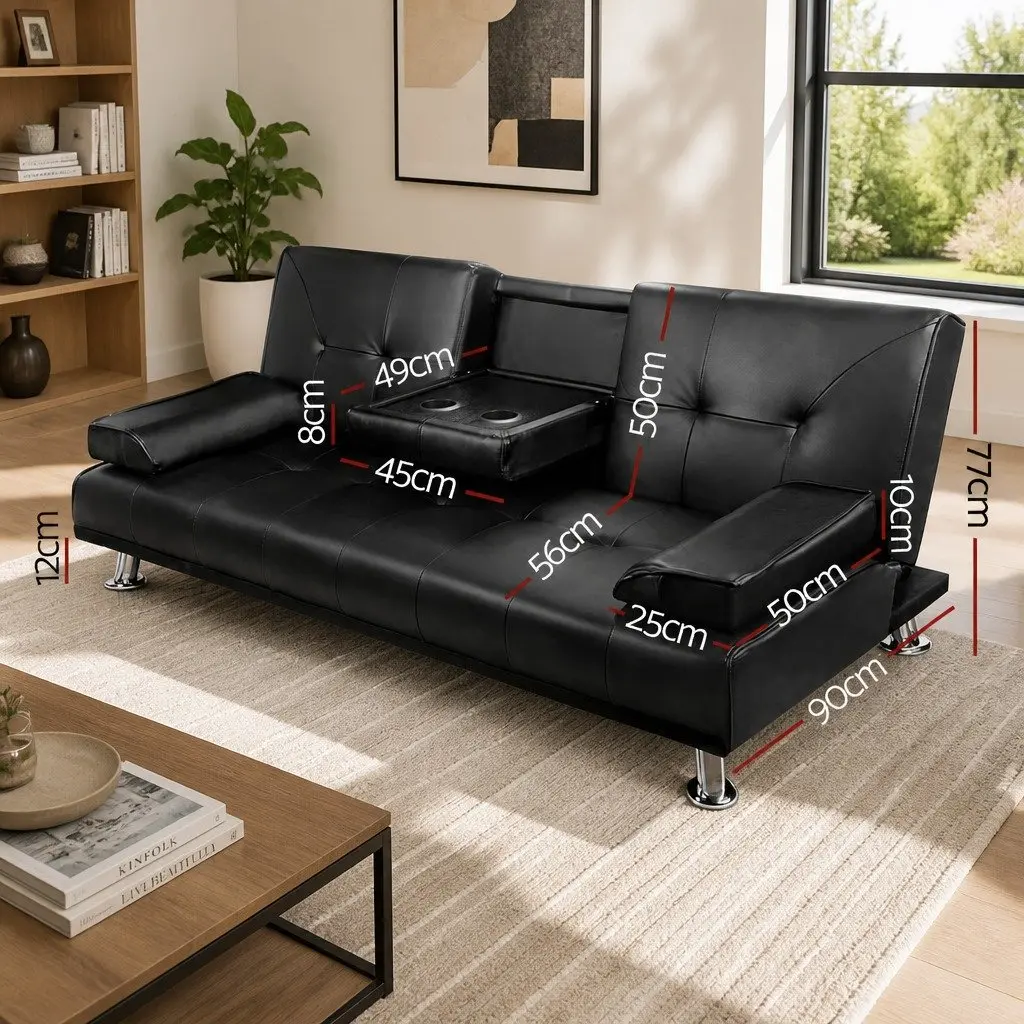 3 Seater Sofa Bed Faux Leather Black Convertible Lounge Recliner