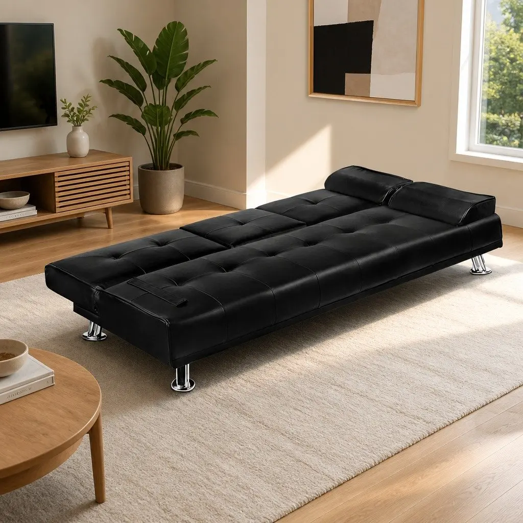 3 Seater Sofa Bed Faux Leather Black Convertible Lounge Recliner