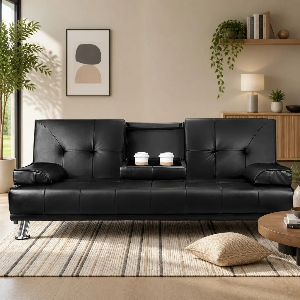 3 Seater Sofa Bed Faux Leather Black Convertible Lounge Recliner