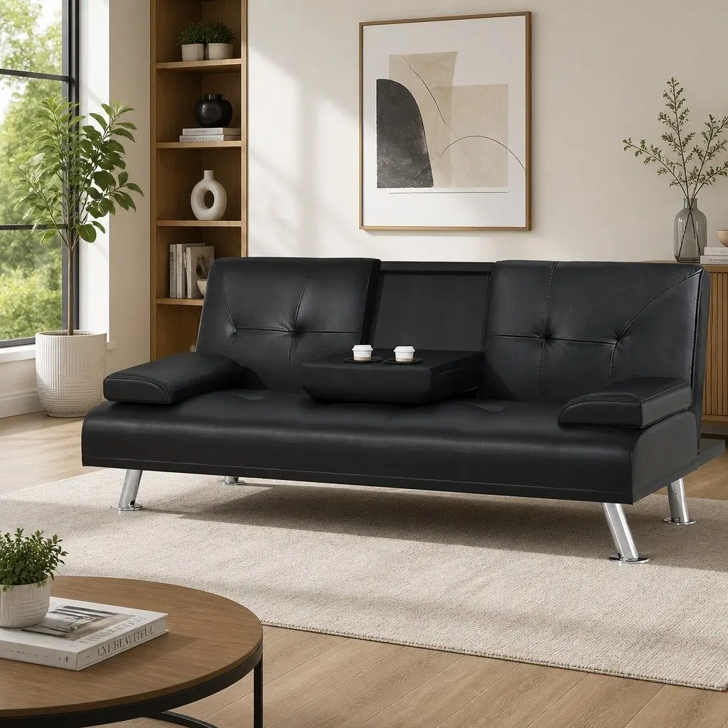 3 Seater Sofa Bed Faux Leather Black Convertible Lounge Recliner