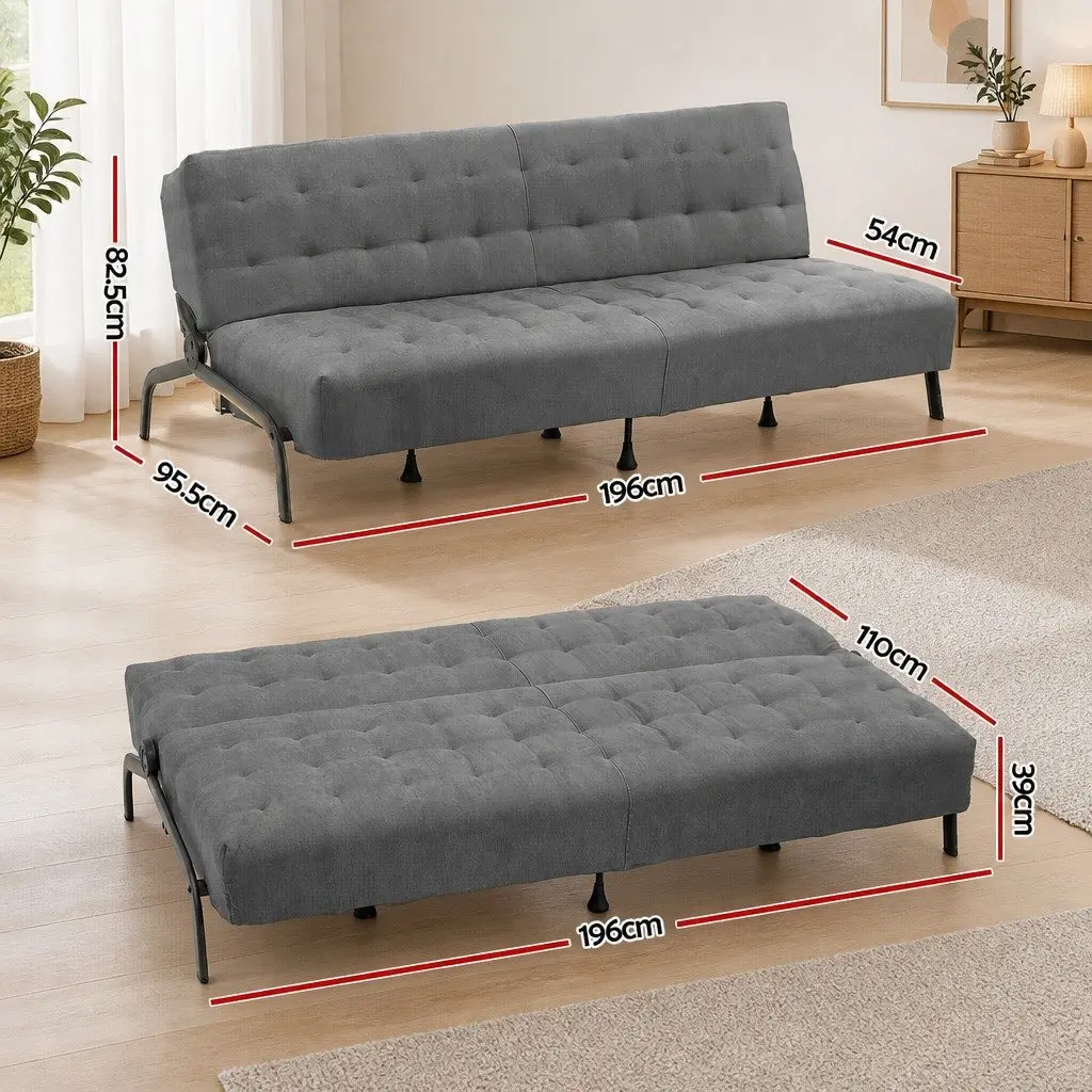 Sofa Bed Innerspring 1.9m Adjustable Dark Grey 3-Seater Couch