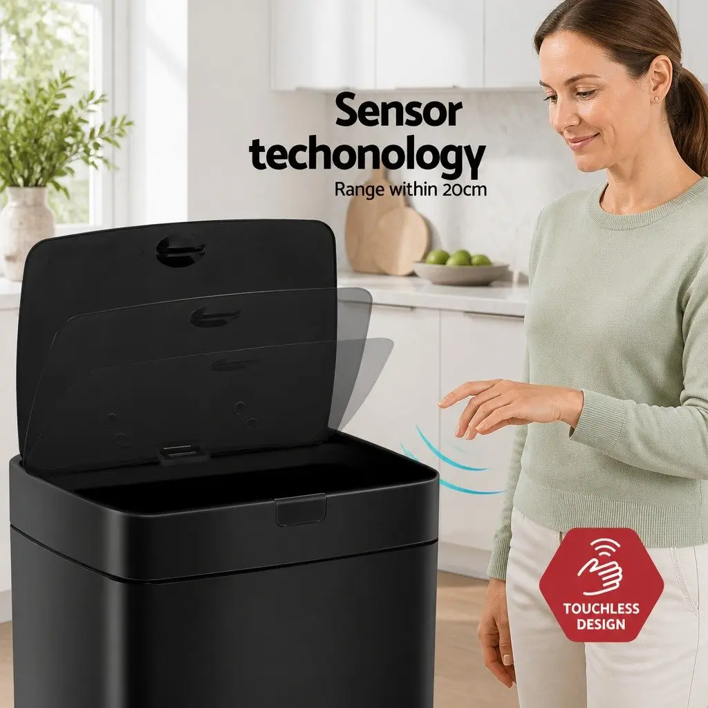 45L Motion Sensor Rubbish Bin in Black Steel
