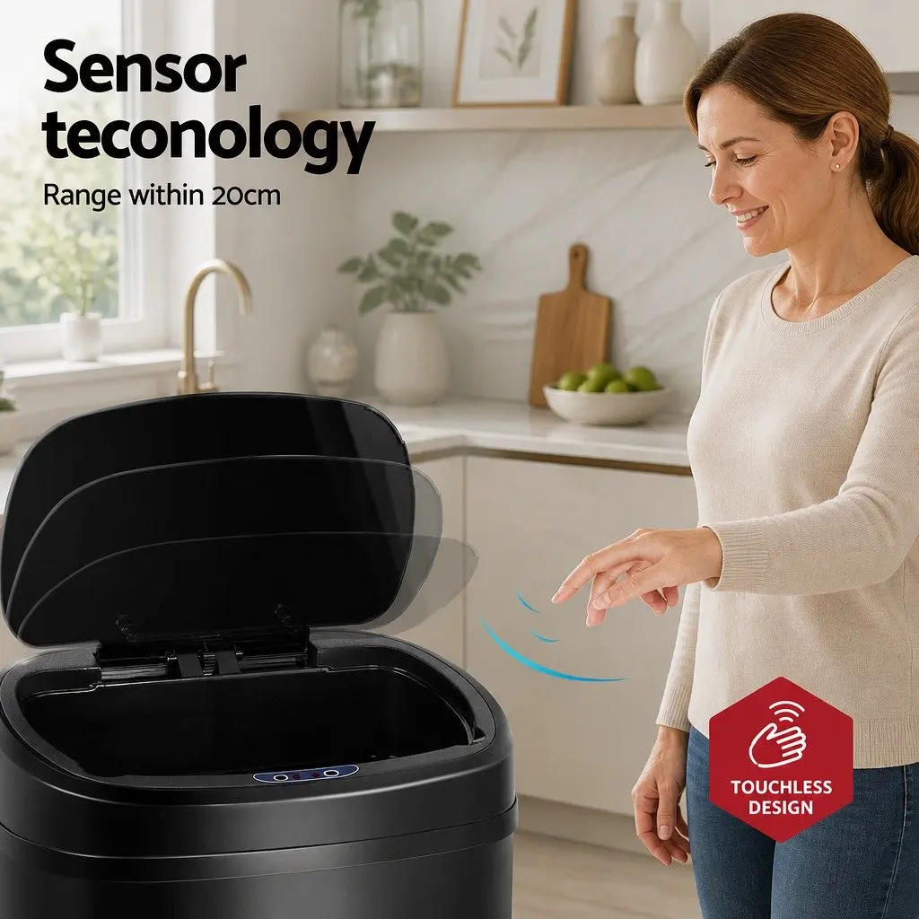 58L Motion Sensor Rubbish Bin in Black Steel